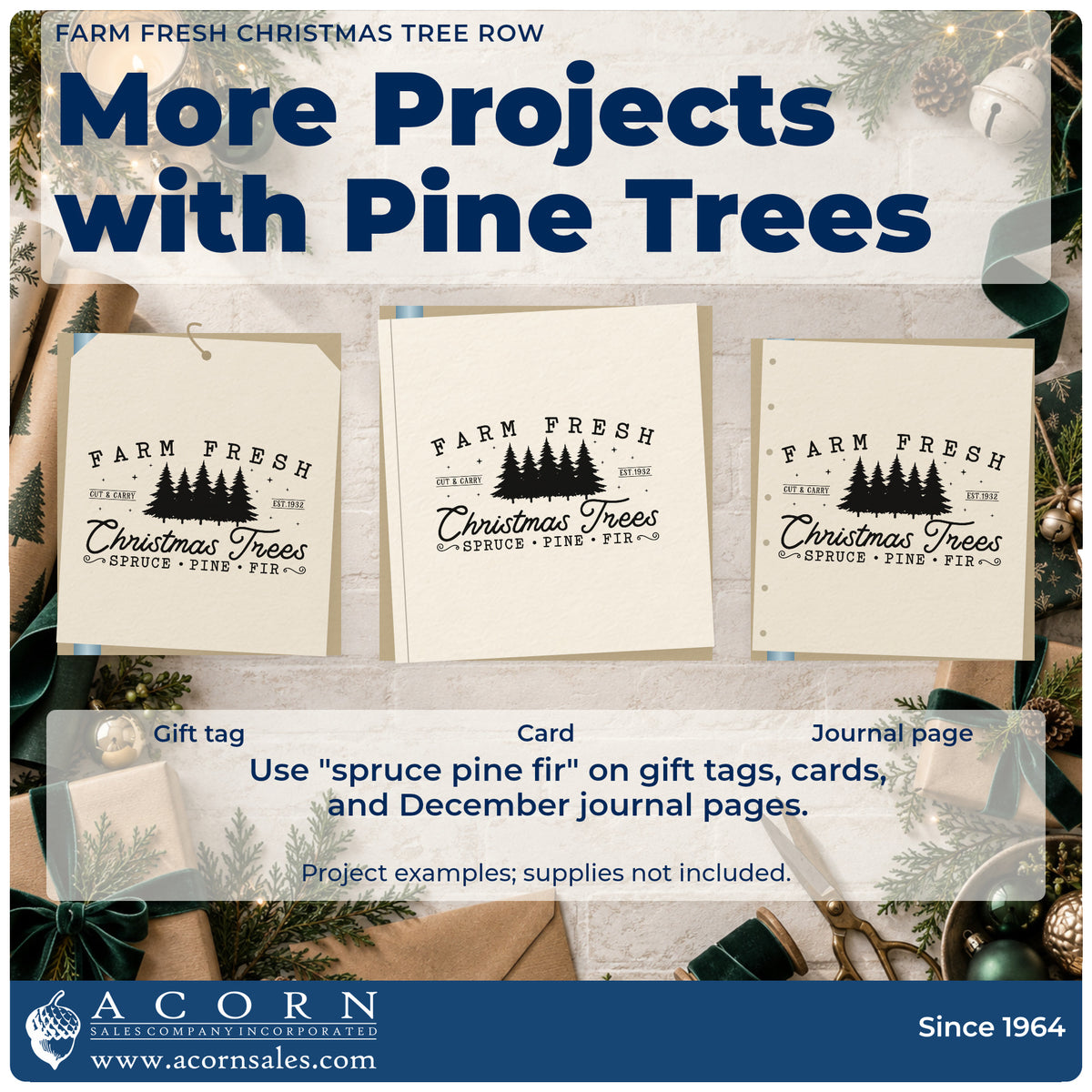 Three project examples made with the Farm Fresh Christmas Tree Row Slim Pre-Inked Stamp, including inline header sheet.