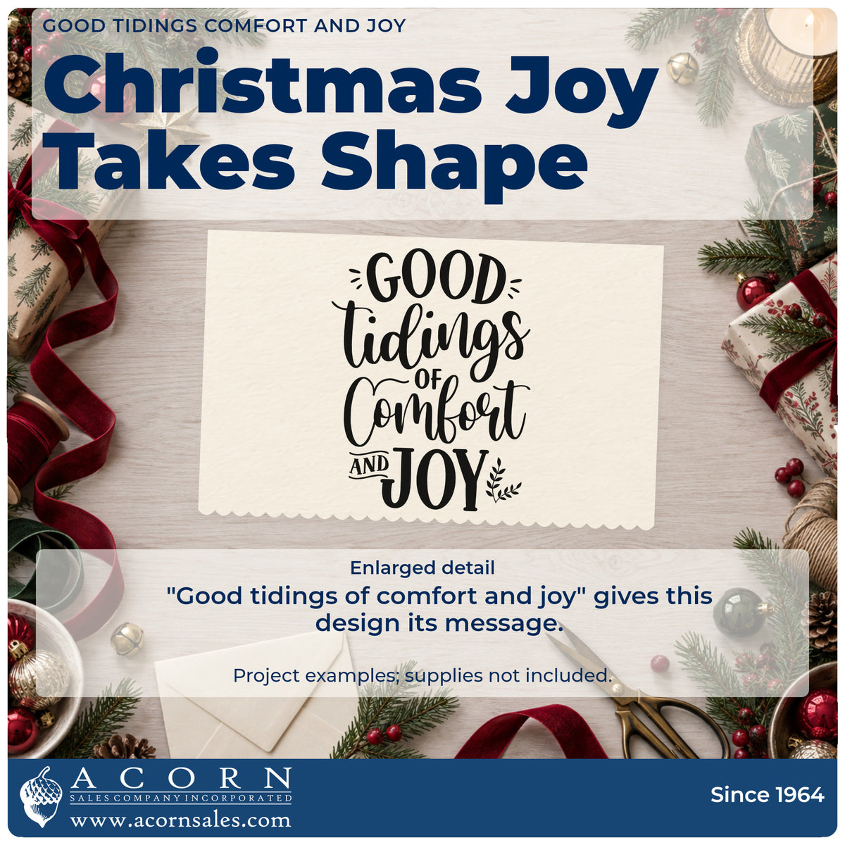 Enlarged detail of the Good Tidings Of Comfort And Joy Hand Stamp – Duo imprint. The phrase "Good tidings of comfort and joy" appears with accent lines and a small leafy sprig.