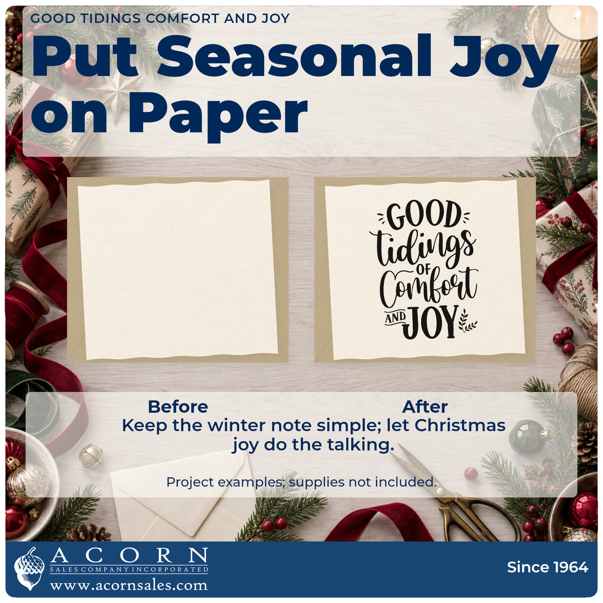 Before and after of a plain item finished with the Good Tidings Of Comfort And Joy Stamp – Slim Pre-Inked, a quick upgrade for framed quiet corner.