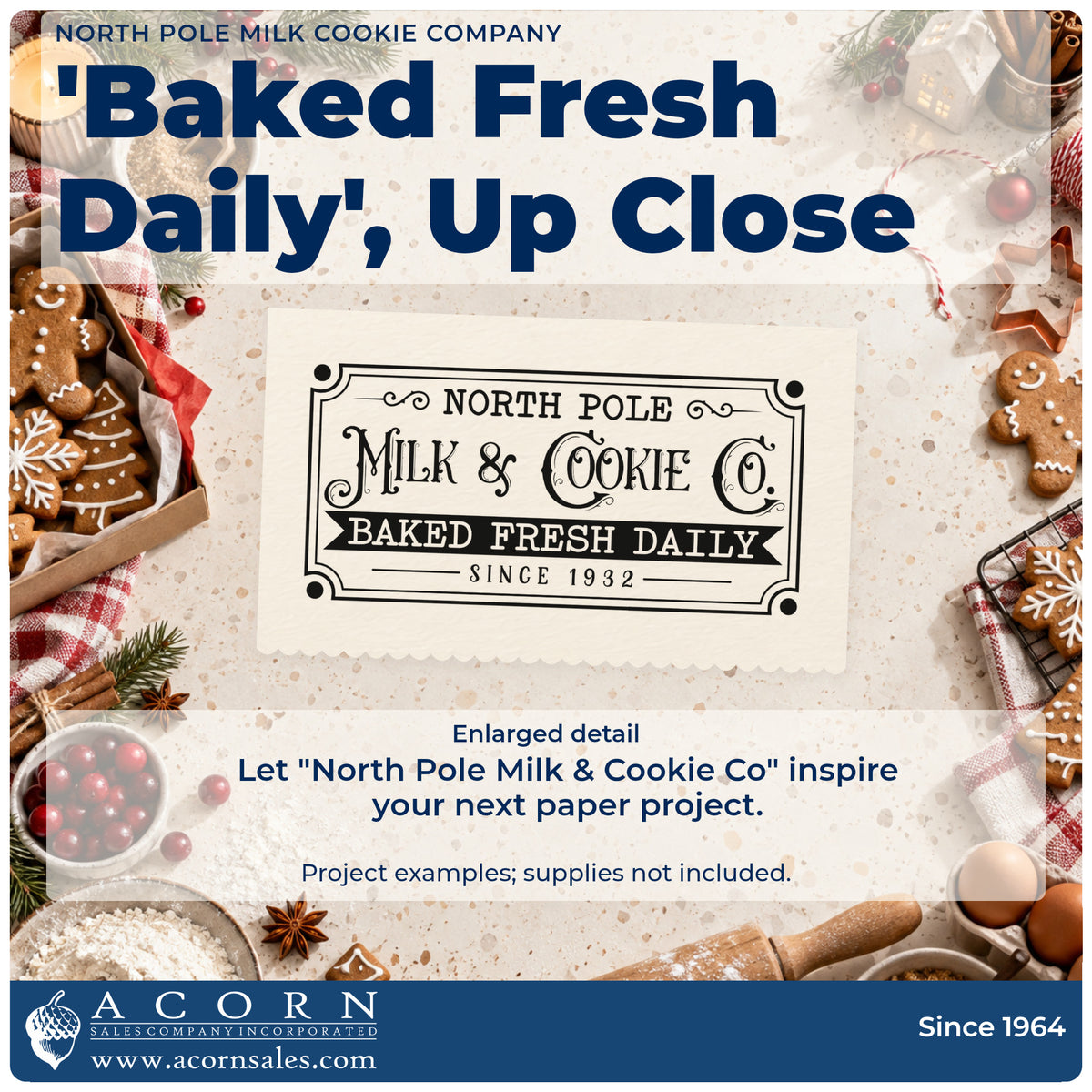 Enlarged detail of the North Pole Milk Cookie Company Frame Accent Stamp – Premium Vintage Pro Wooden imprint. A rectangular vintage sign reads "North Pole Milk & Cookie Co.," "baked fresh daily," and "since 1932."