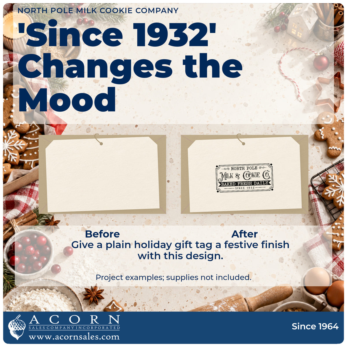 Before and after of a plain item finished with the North Pole Milk Cookie Company Frame Accent Stamp – Premium Vintage Pro Wooden, a quick upgrade for framed dairy wall.