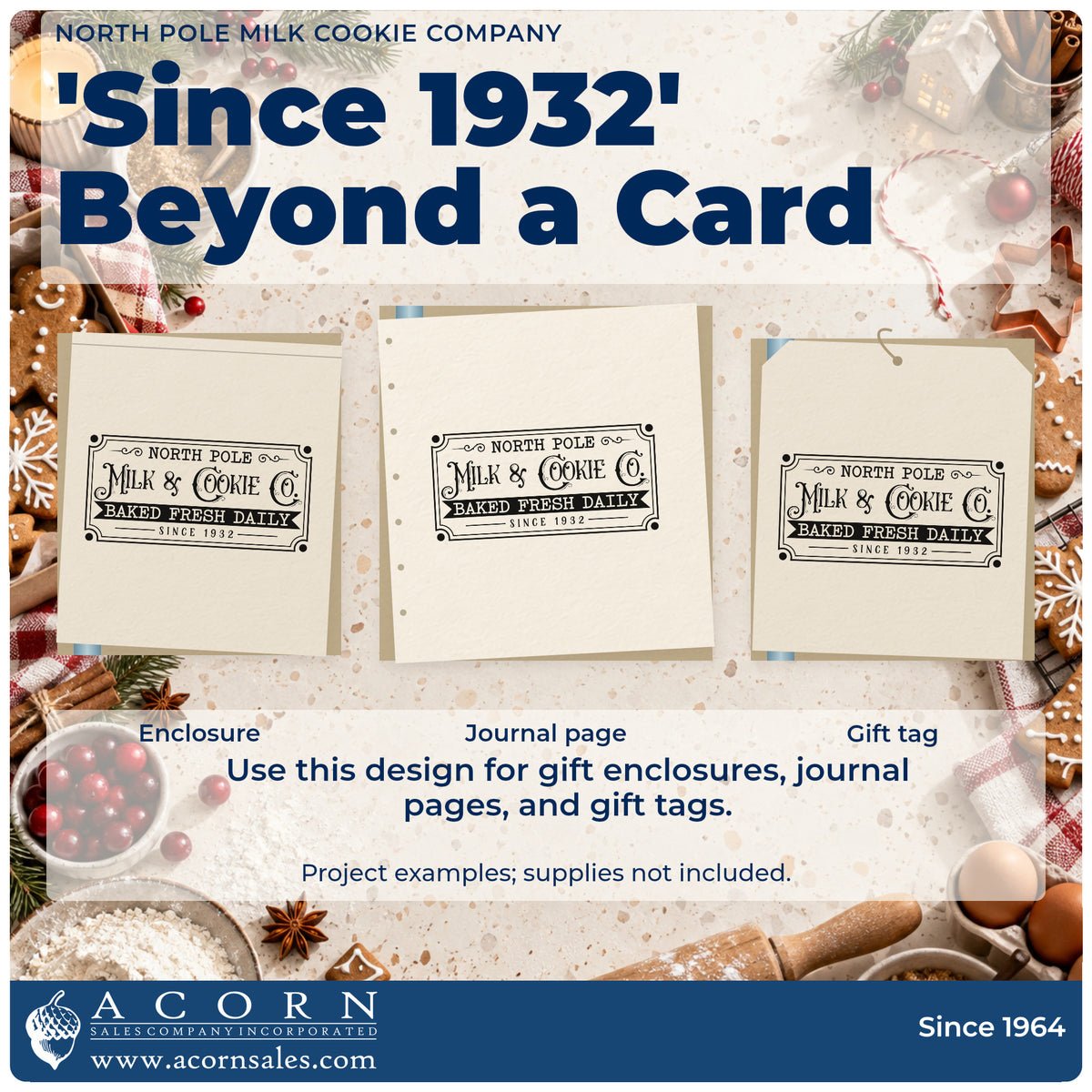 Three project examples made with the North Pole Milk Cookie Company Frame Accent Hand Stamp – Duo, including delivery log sheet.