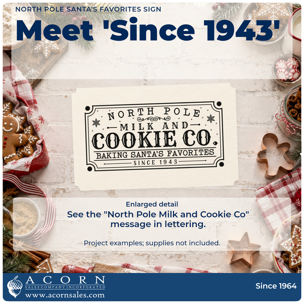 Enlarged detail of the North Pole Santa's Favorites Sign Lettering Rubber Stamp – Wood Handle imprint. A bordered sign reads "North Pole Milk and Cookie Co.," "baking Santa's favorites," and "since 1943."