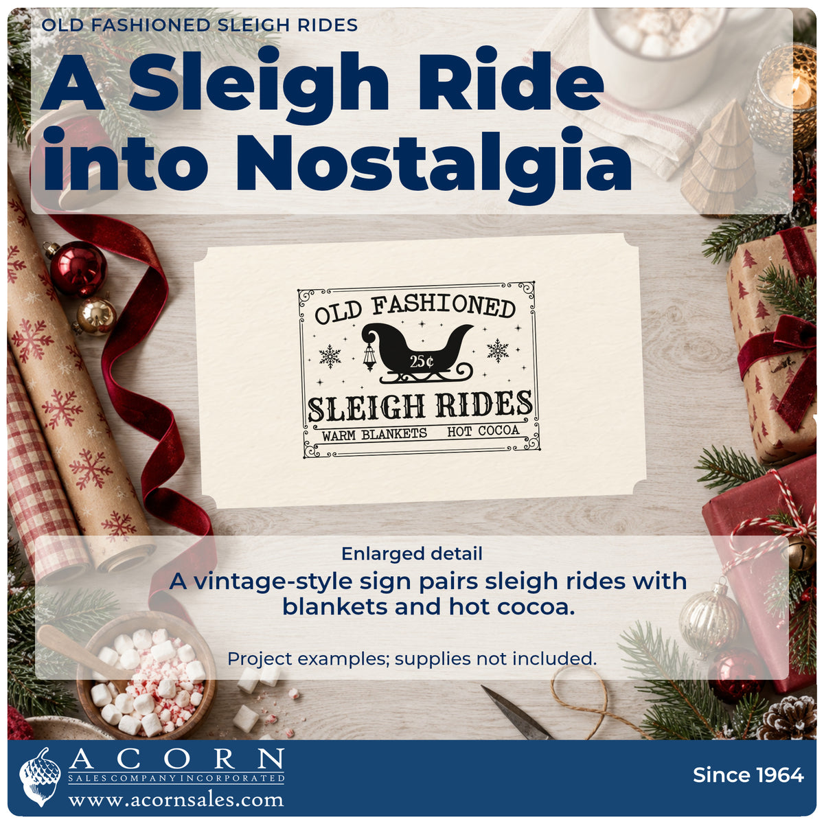 Enlarged detail of the Old Fashioned Sleigh Rides Premium Wooden Stamp – Vintage Pro imprint. A vintage sign features a sleigh, snowflakes, "Old fashioned sleigh rides," and "warm blankets hot cocoa."