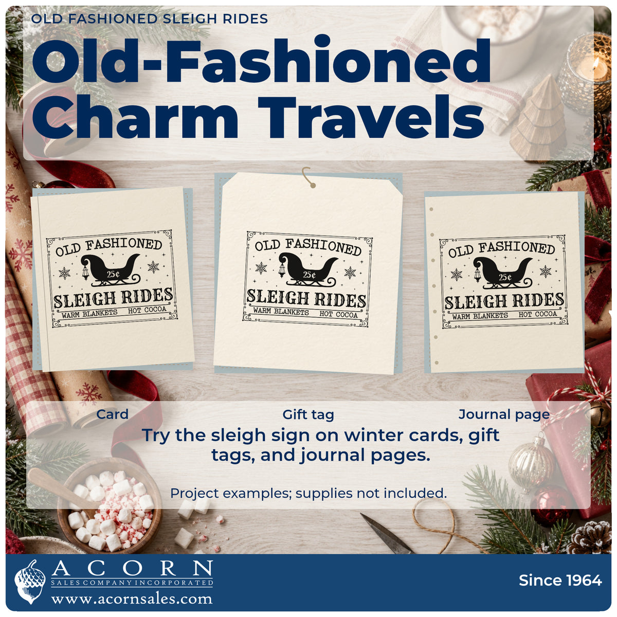 Three project examples made with the Old Fashioned Sleigh Rides Pre-Inked Stamp – PSI, including booking grid sheet.