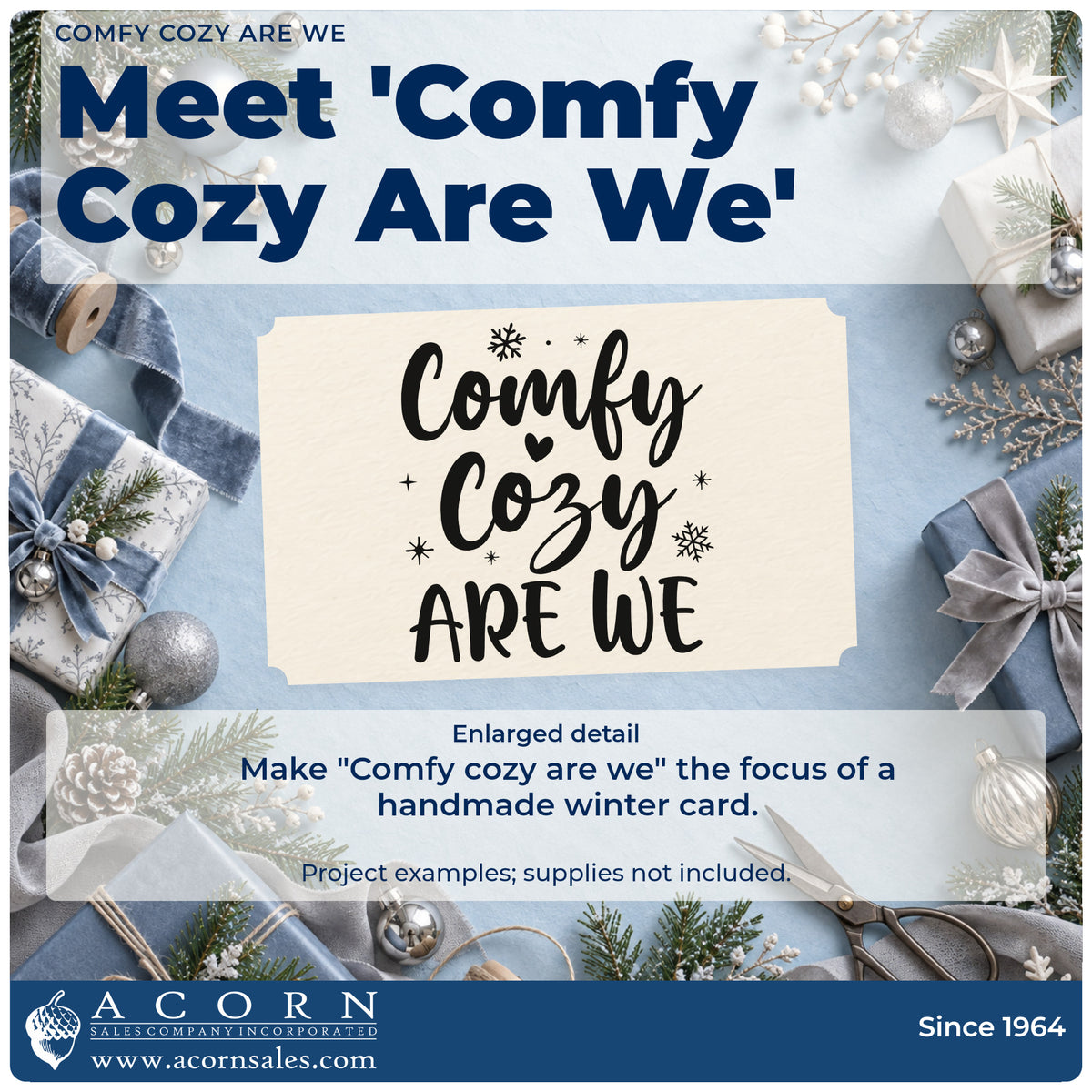 Enlarged detail of the Comfy Cozy Are We Snowflakes Stamp – Premium Vintage Pro Wooden imprint. The words "Comfy cozy are we" include a small heart, snowflakes, and stars.