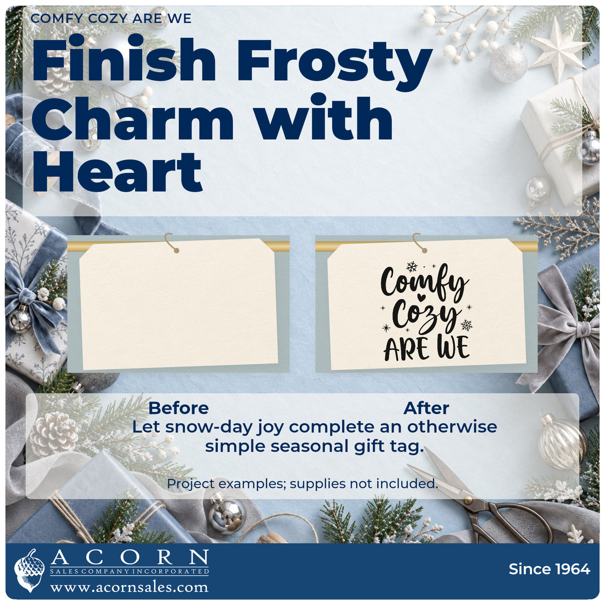 Before and after of a plain item finished with the Comfy Cozy Are We Snowflakes Stamp – Premium Vintage Pro Wooden, a quick upgrade for framed den shelf.