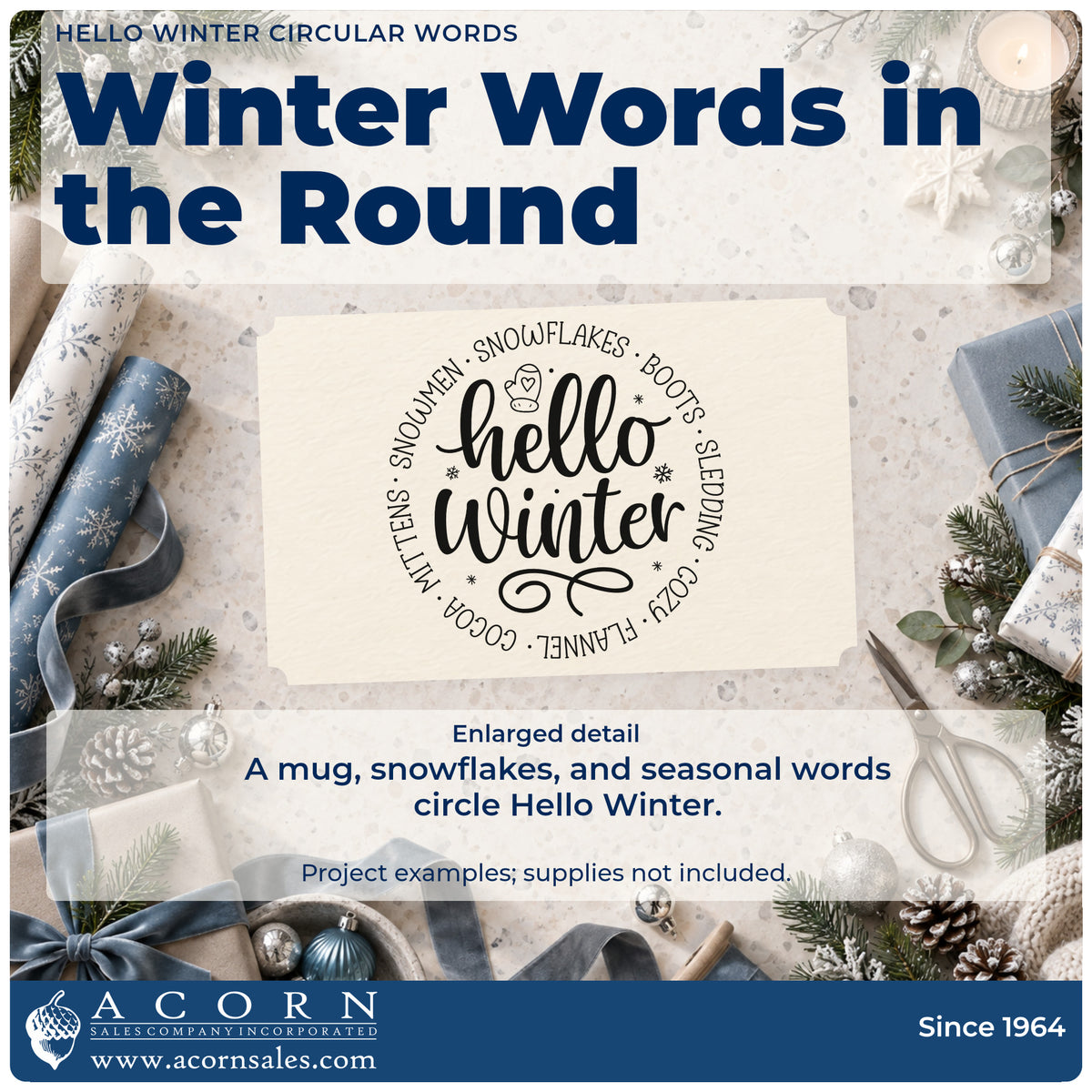 Enlarged detail of the Self-Inking Hello Winter Circular Words Stamp imprint. The words "hello winter" are surrounded by a circle of winter-related words with a mug, snowflakes, and flourishes.