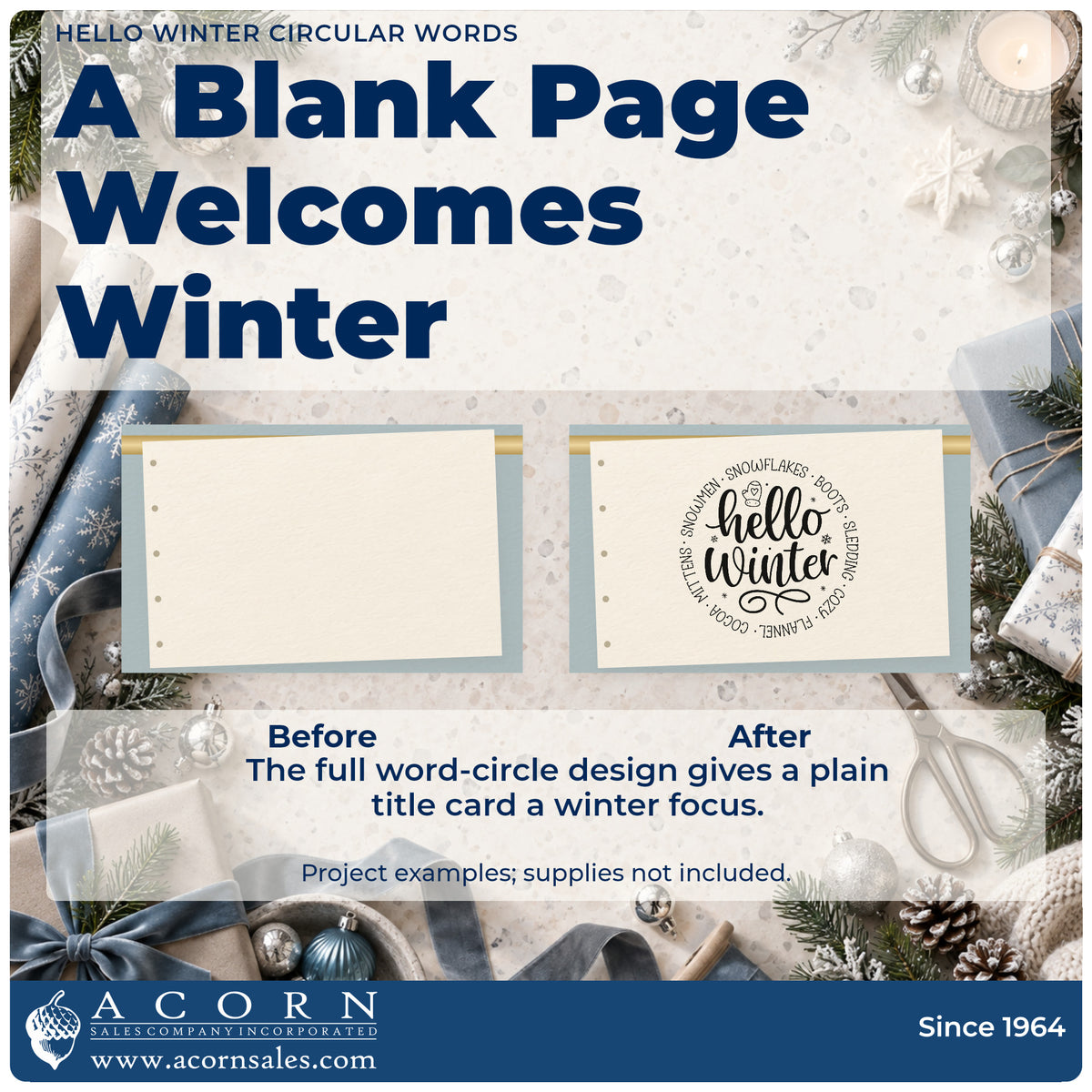 Before and after of a plain item finished with the Self-Inking Hello Winter Circular Words Stamp, a quick upgrade for framed round mat.