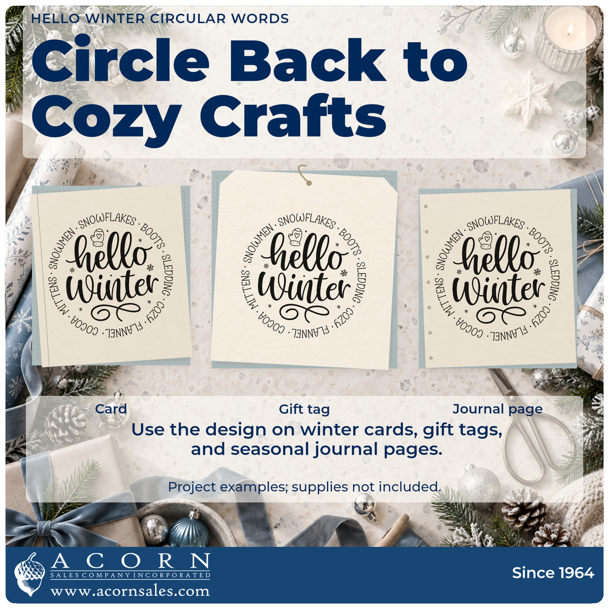 Three project examples made with the Hello Winter Circular Words Stamp – Duo Hand, including season term sheet.