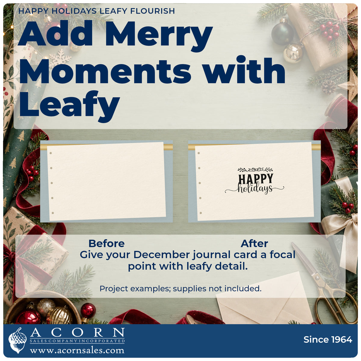 Before and after of a plain item finished with the Happy Holidays Leafy Flourished Lettering Rubber Stamp – Duo Hand, a quick upgrade for runner both ends ink.