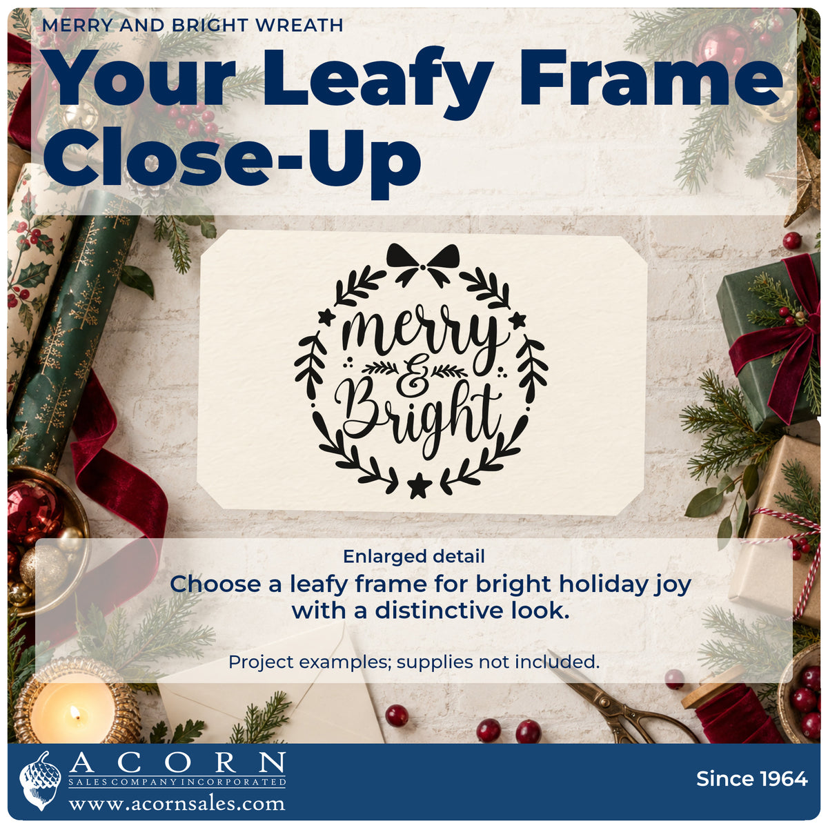 Enlarged detail of the Merry And Bright Wreath Slim Pre-Inked Stamp imprint. The words "merry & bright" appear inside a leafy wreath topped with a bow and dotted with stars.