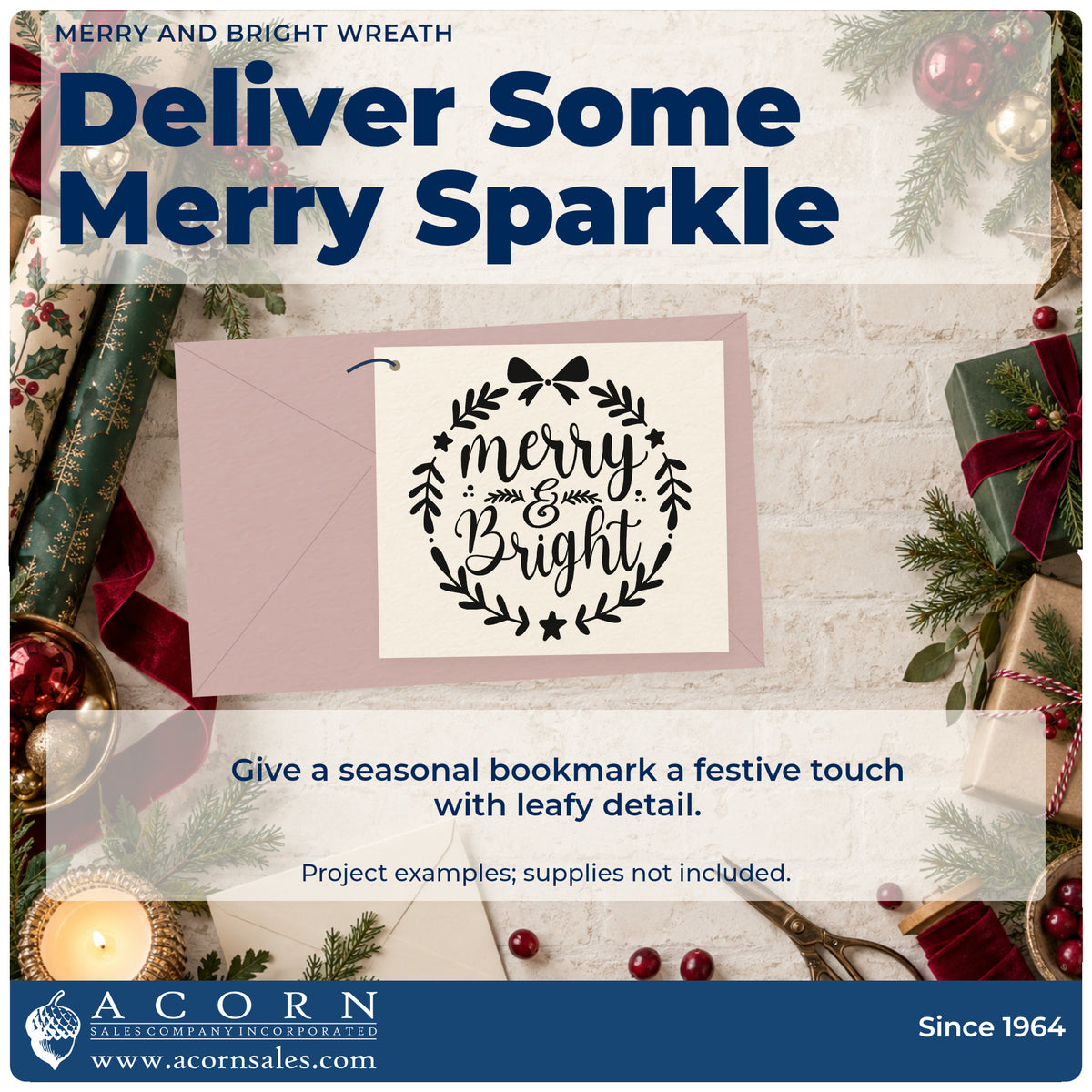 A finished handmade project stamped with the Merry And Bright Wreath Slim Pre-Inked Stamp, ideal for wreath style album.
