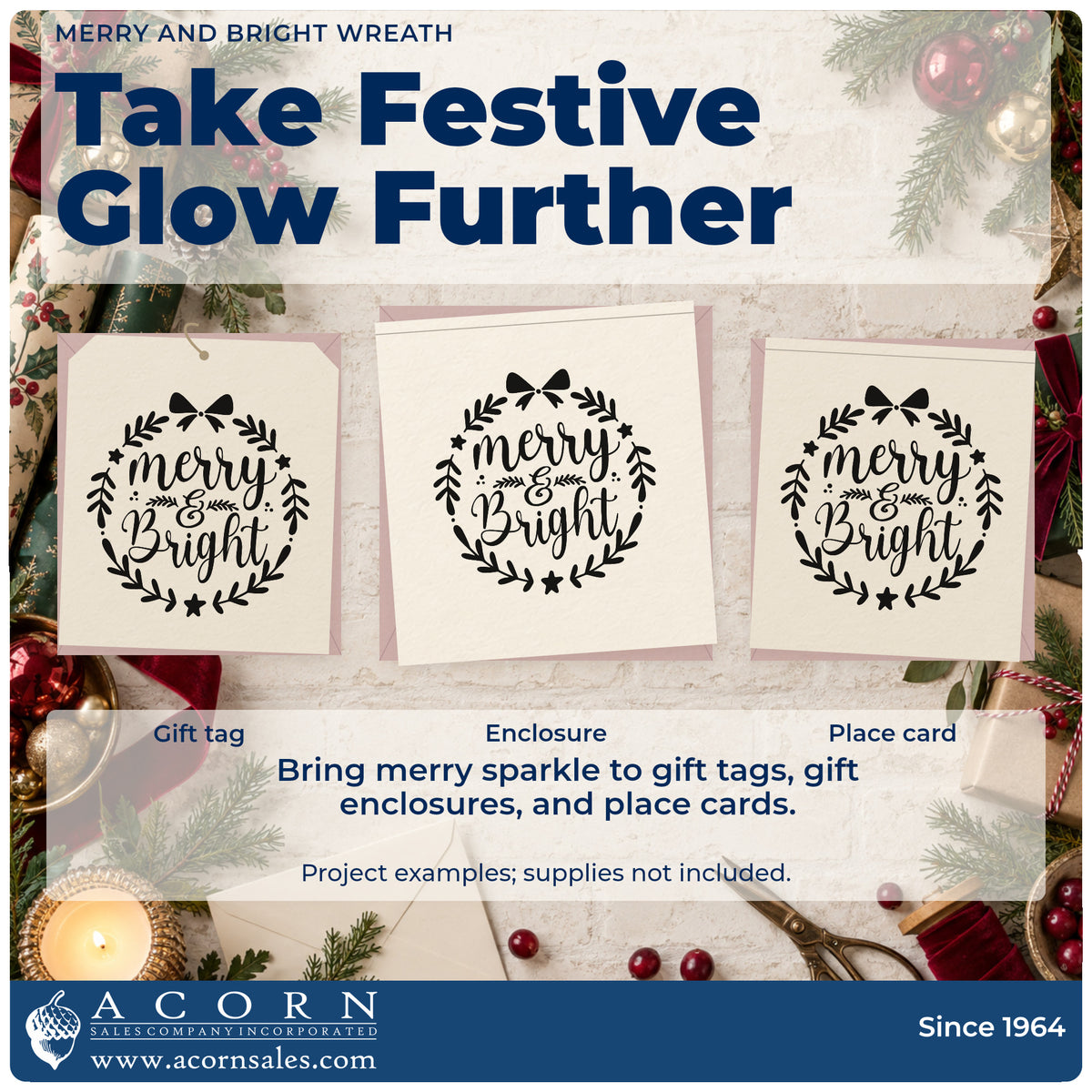 Three project examples made with the Merry And Bright Wreath Premium Wooden Stamp – Vintage Pro, including supply count sheet.