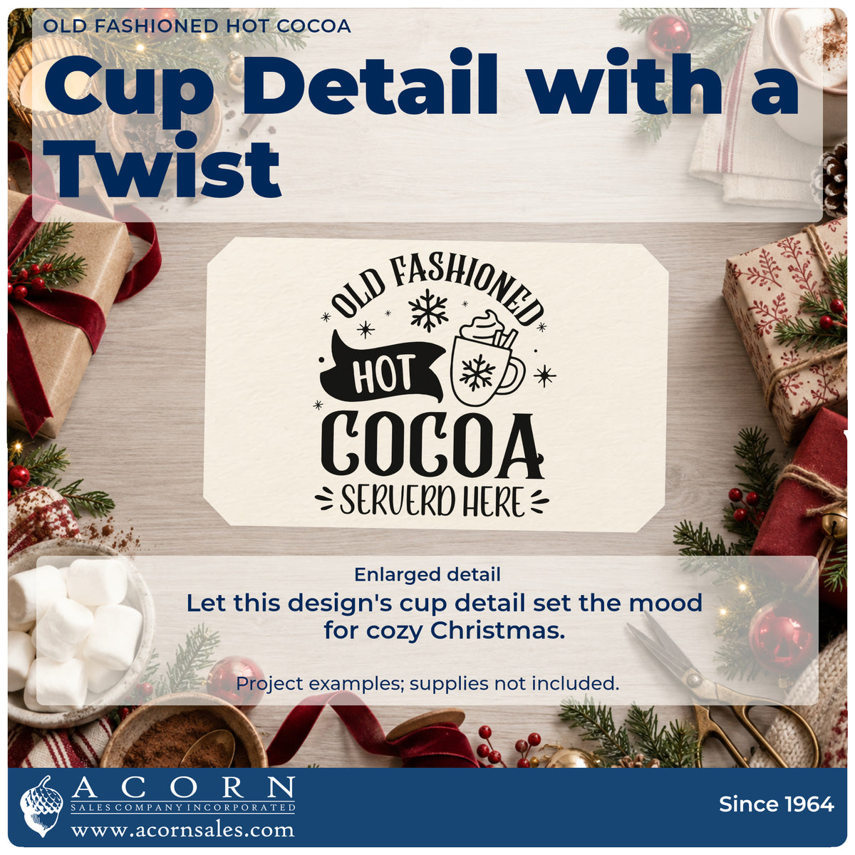 Enlarged detail of the Old Fashioned Hot Cocoa Rubber Stamp – Wood Handle imprint. The words "Old fashioned hot cocoa served here" surround a whipped cocoa mug with snowflakes and star accents.