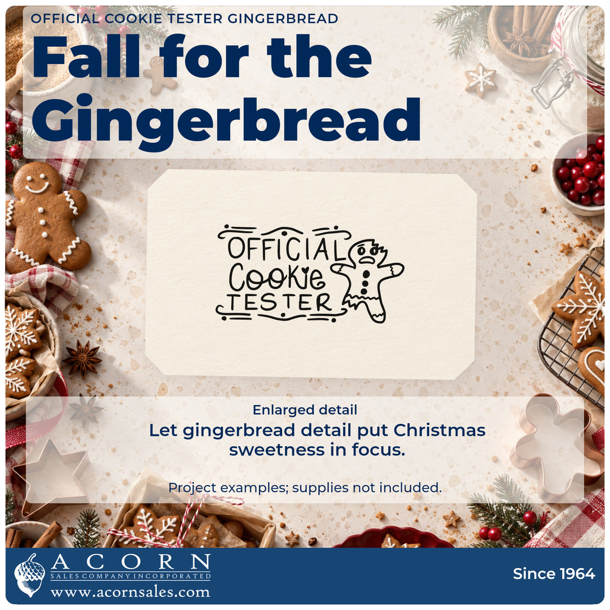 Enlarged detail of the Official Cookie Tester Gingerbread Lettering Rubber Stamp – Wood Handle imprint. The words "Official cookie tester" appear beside a gingerbread figure with decorative horizontal lines.