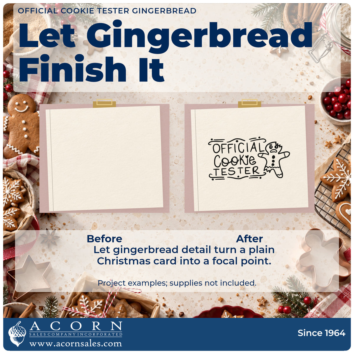 Before and after of a plain item finished with the Official Cookie Tester Gingerbread Lettering Hand Stamp – Duo, a quick upgrade for framed ledger print.