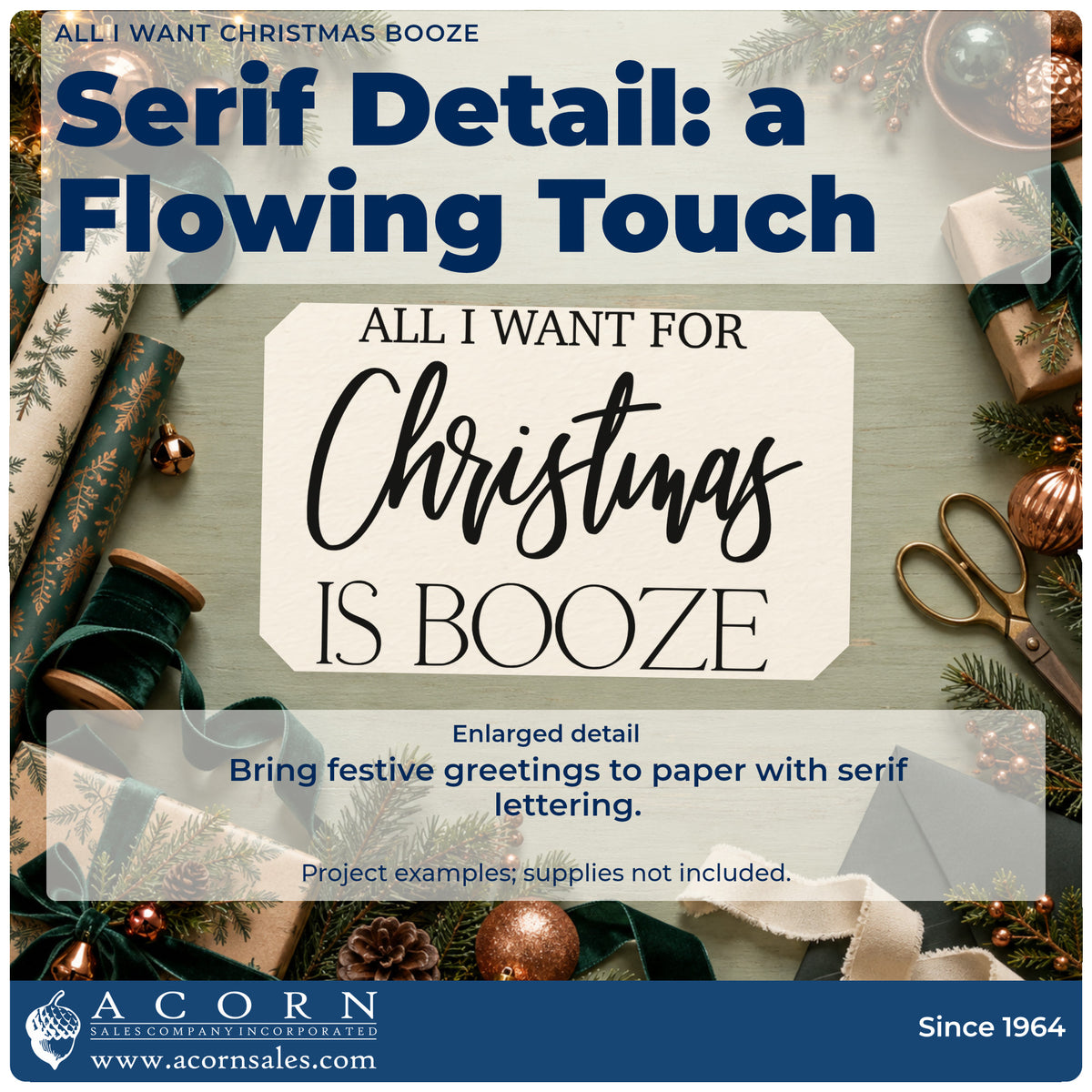 Enlarged detail of the All I Want For Christmas Is Booze Premium Wooden Stamp – Vintage Pro imprint. The phrase "All I want for Christmas is booze" appears in a mix of serif capitals and large script.