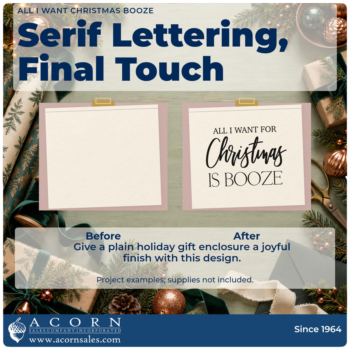 Before and after of a plain item finished with the All I Want For Christmas Is Booze Premium Wooden Stamp – Vintage Pro, a quick upgrade for cart cloth printing.