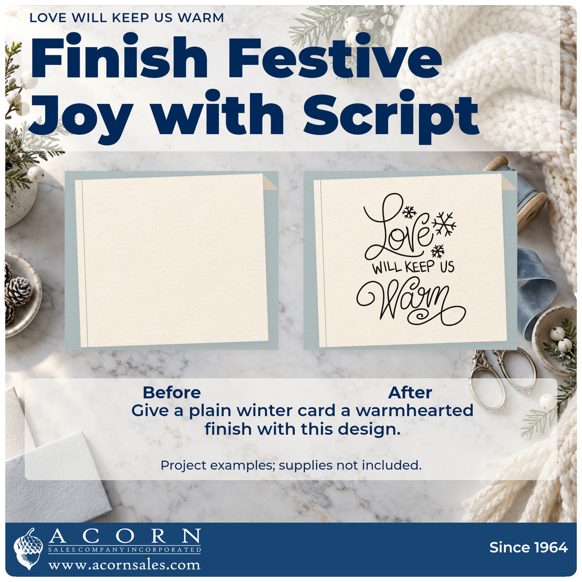 Before and after of a plain item finished with the Love Will Keep Us Warm Snowflakes Rubber Stamp – Wood Handle, a quick upgrade for framed bedside pair.