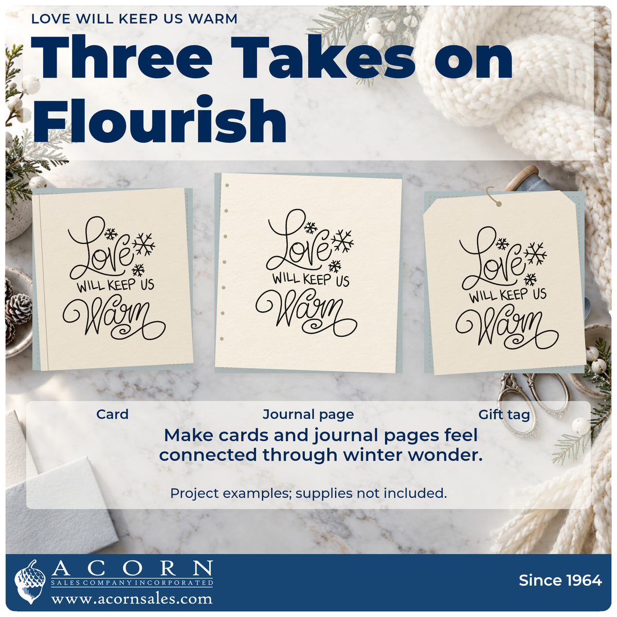 Three project examples made with the Love Will Keep Us Warm Snowflakes Stamp – Self-Inking, including shared plan sheet.