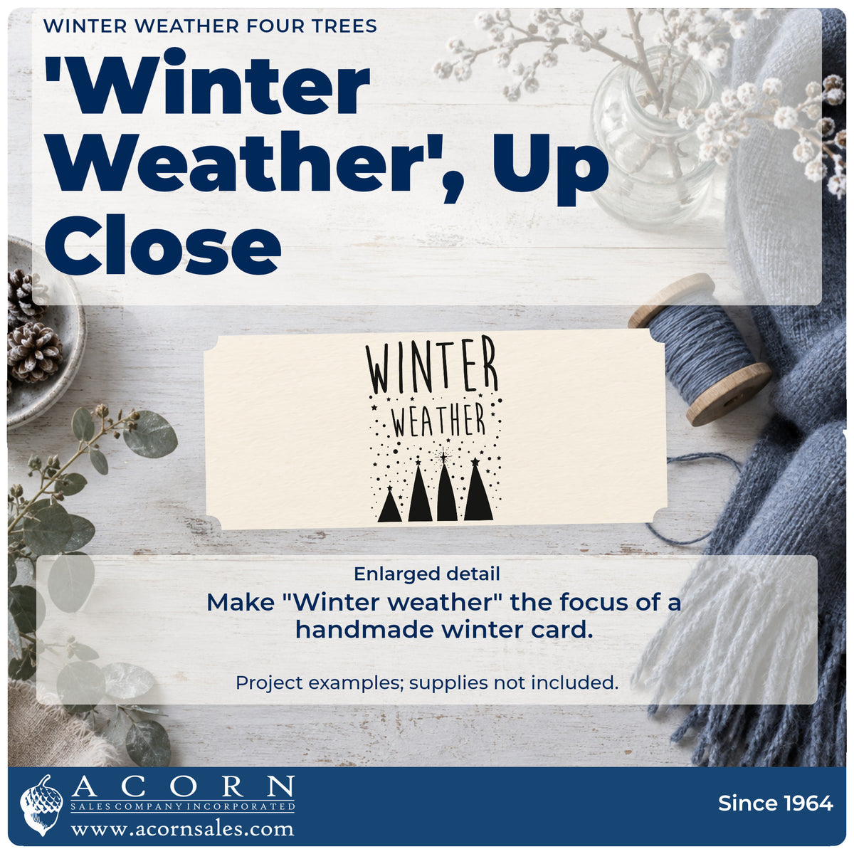 Enlarged detail of the Slim Pre-Inked Winter Weather Four Trees Stamp imprint. The words "Winter weather" appear above four triangular trees amid falling snow dots.