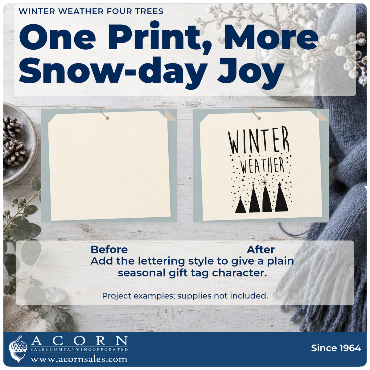 Before and after of a plain item finished with the Winter Weather Four Trees Premium Wood-Mounted Stamp – Vintage Pro, a quick upgrade for framed modern mat.