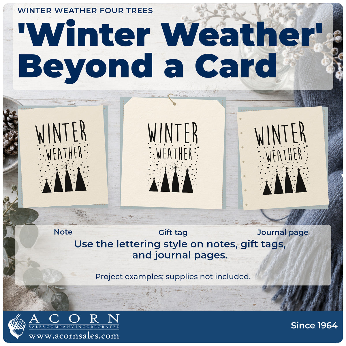 Three project examples made with the Slim Pre-Inked Winter Weather Four Trees Stamp, including grid plan sheet.