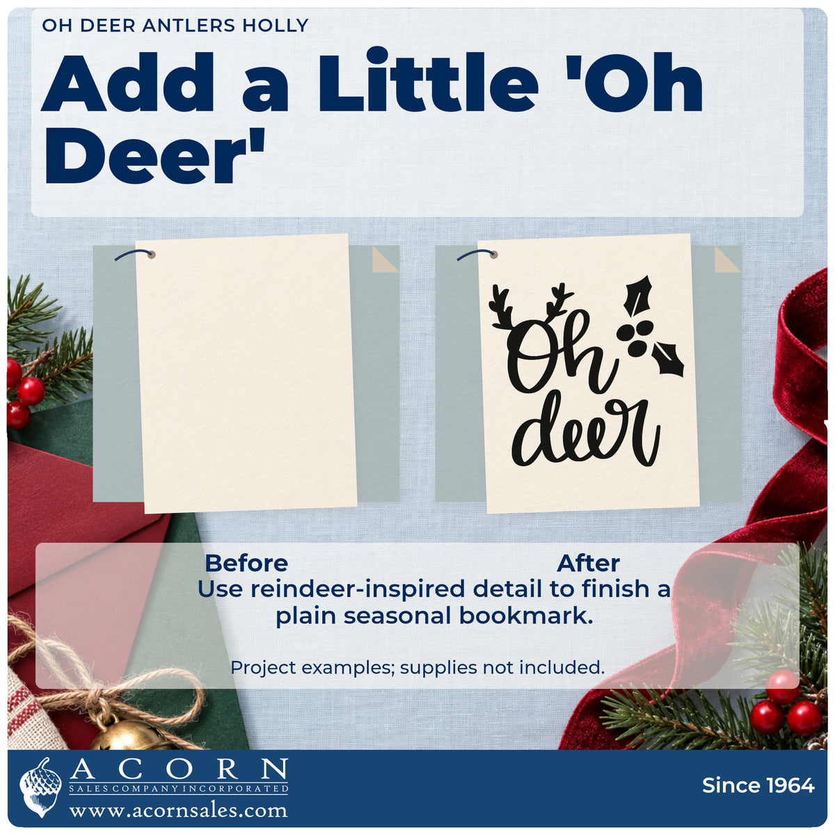 Before and after of a plain item finished with the Oh Deer Antlers Holly Lettering Pre-Inked Stamp – PSI, a quick upgrade for framed small ledge.