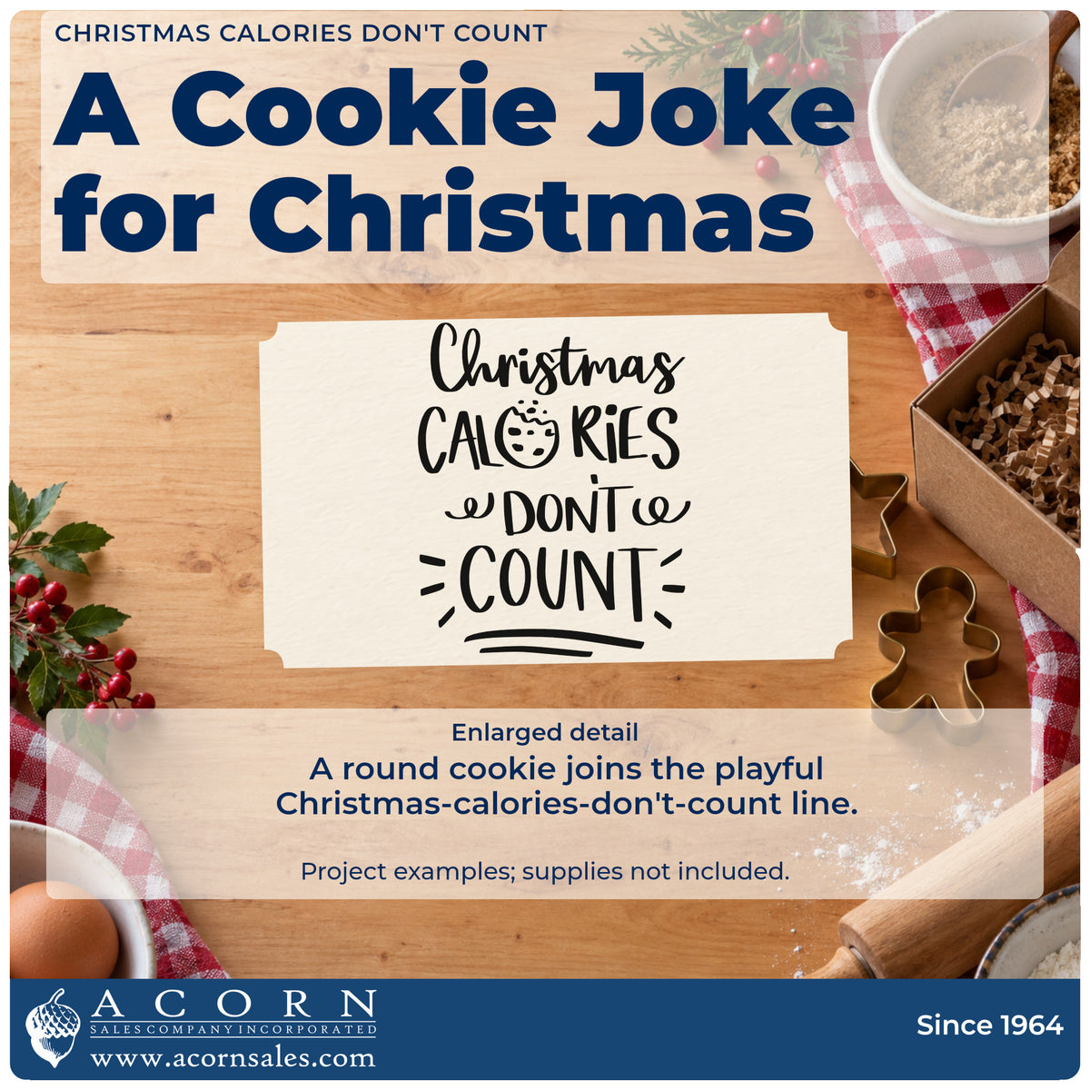 Enlarged detail of the Christmas Calories Don't Count Cookies Motif Stamp – Premium Vintage Pro Wooden imprint. The words "Christmas calories don't count" include a round cookie and decorative lines.