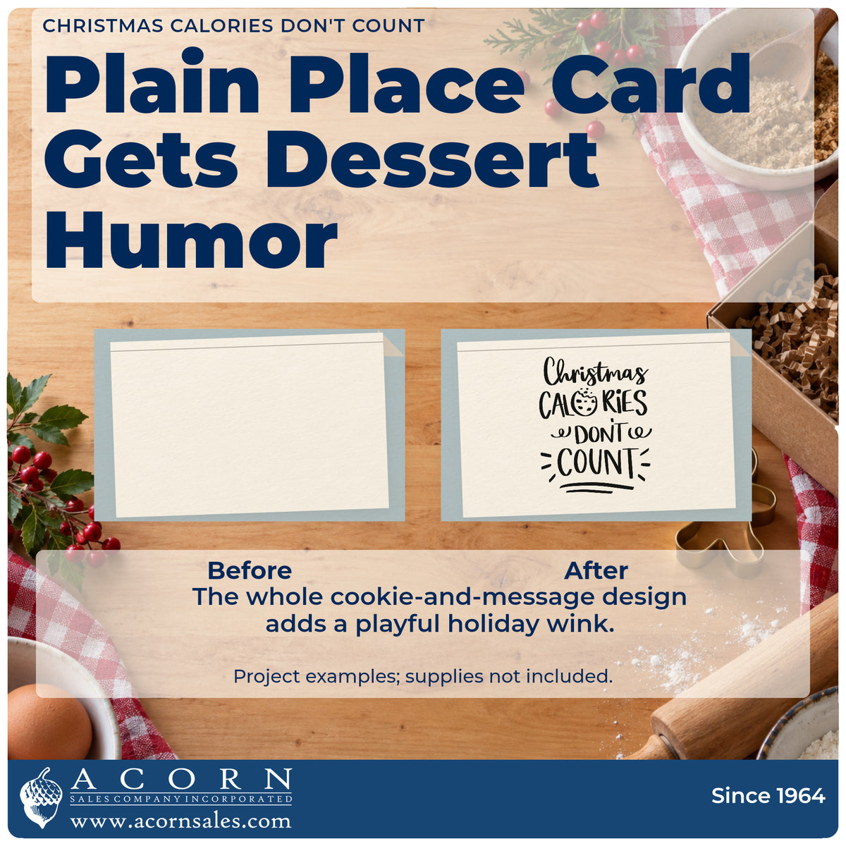 Before and after of a plain item finished with the Christmas Calories Don't Count Cookies Motif Stamp – Premium Vintage Pro Wooden, a quick upgrade for framed order window.