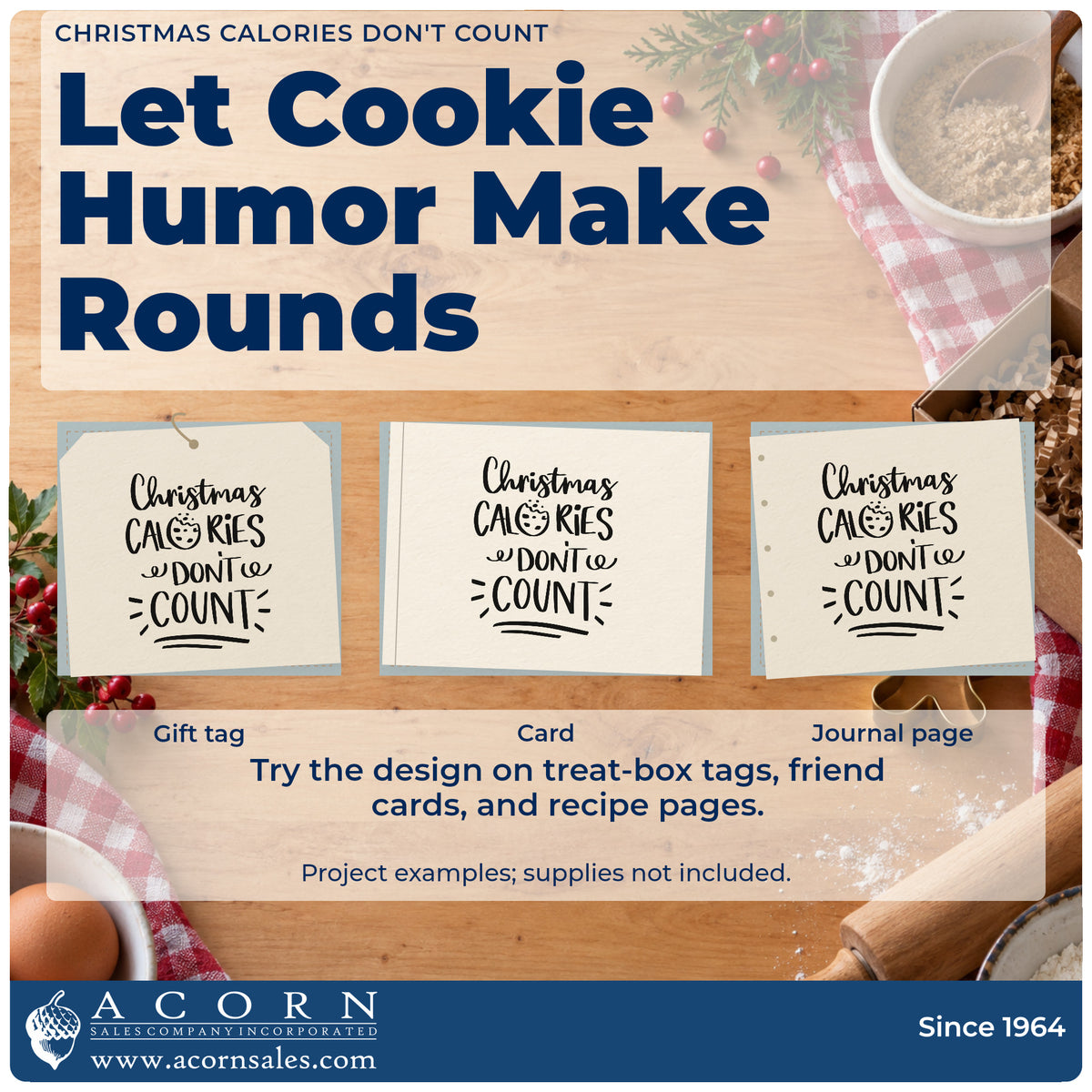 Three project examples made with the Christmas Calories Don't Count Cookies Motif Stamp – Premium Vintage Pro Wooden, including daily bake sheet.