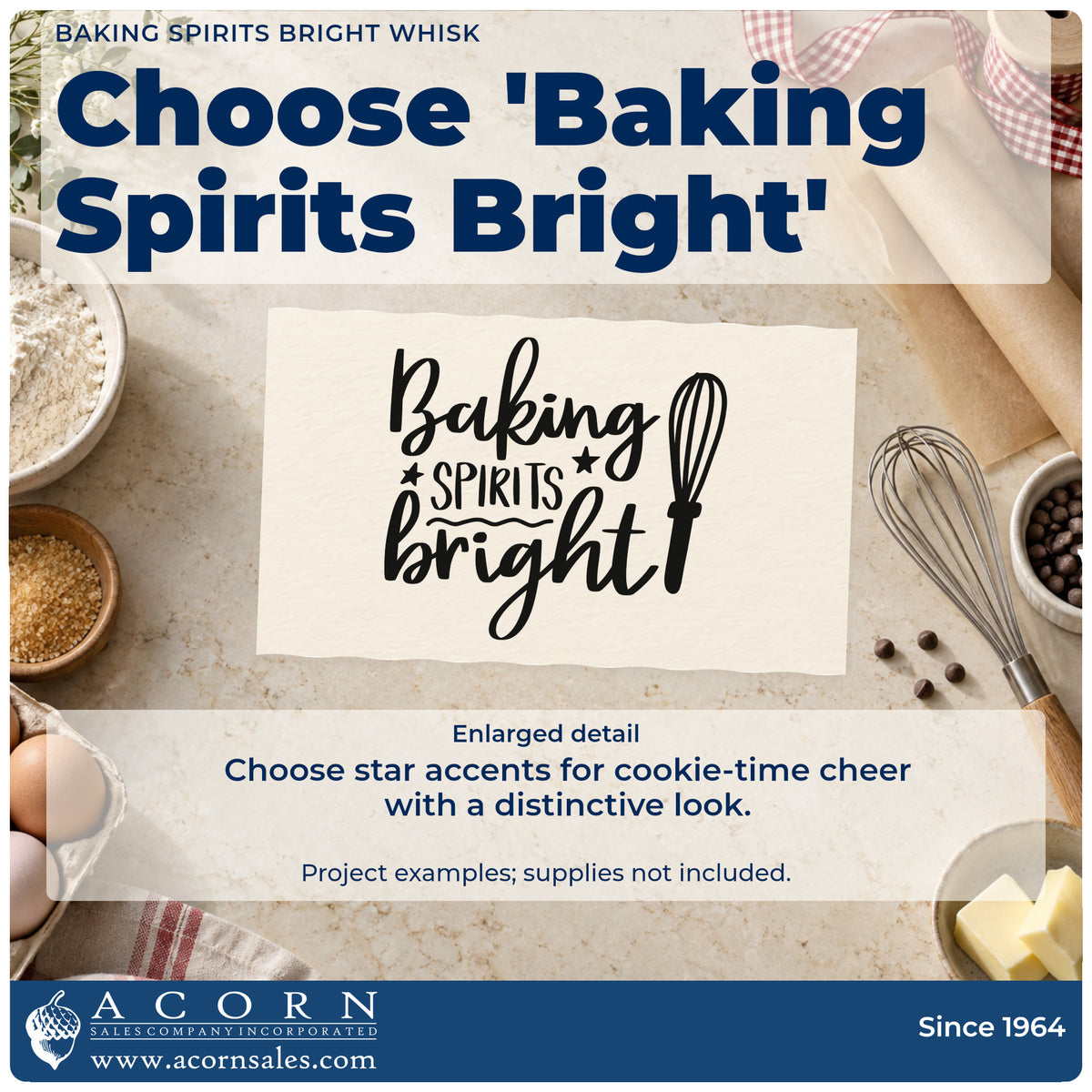 Enlarged detail of the Baking Spirits Bright Whisk With Stars Hand Stamp – Duo imprint. The words "Baking spirits bright" appear beside a whisk with stars and a wavy divider.