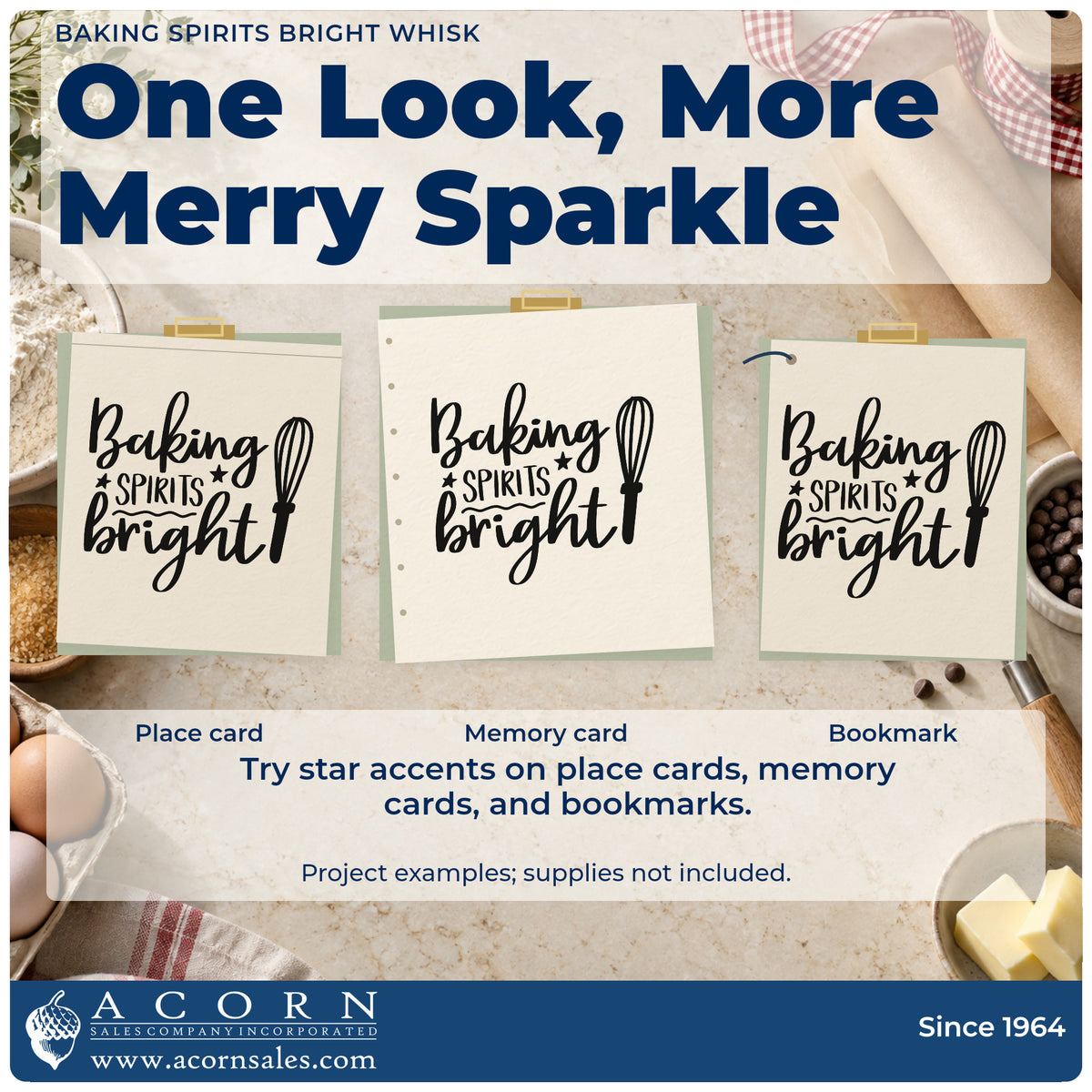 Three project examples made with the Baking Spirits Bright Whisk With Stars Hand Stamp – Duo, including batter bowl tags.