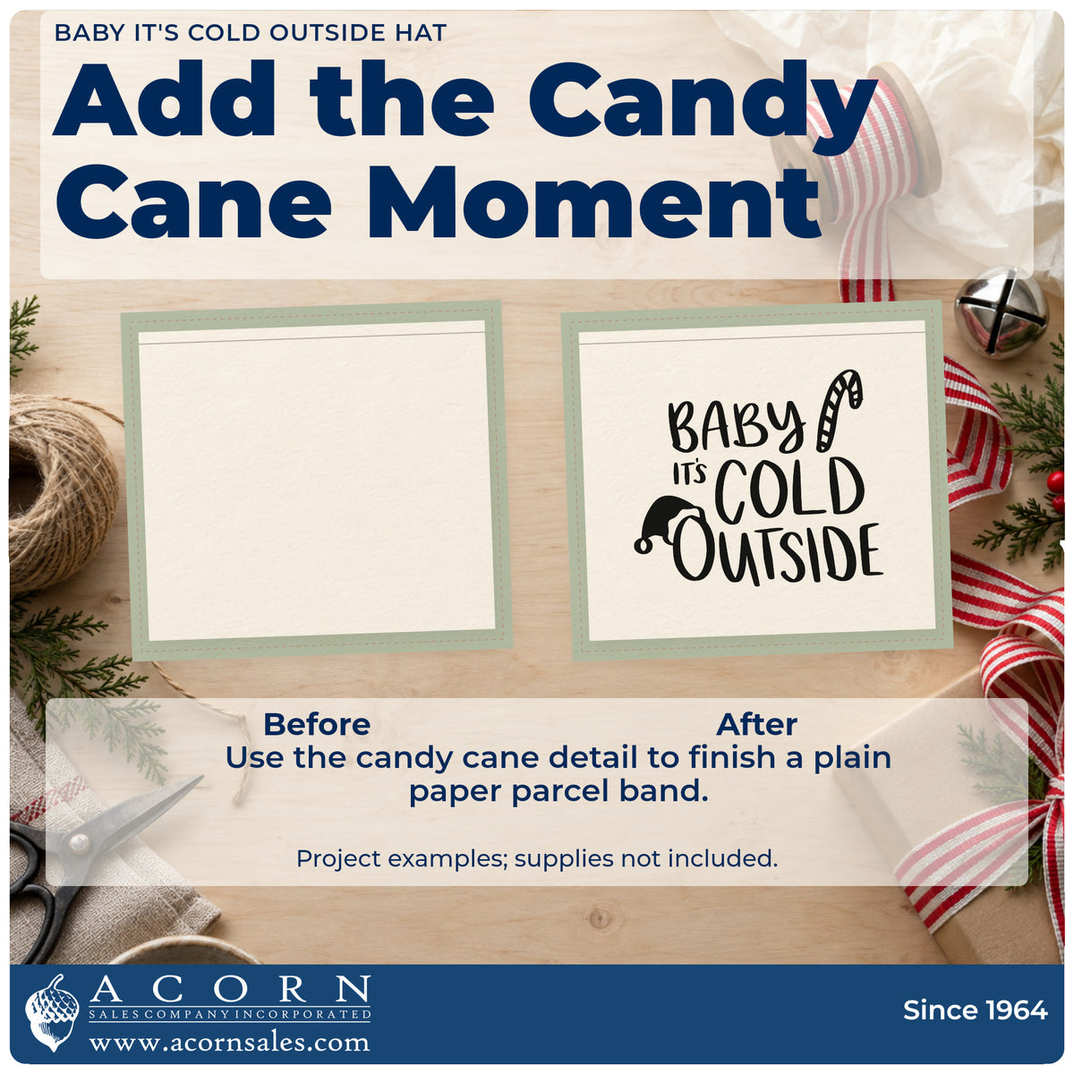 Before and after of a plain item finished with the Baby It's Cold Outside Hat Premium Wooden Stamp – Vintage Pro, a quick upgrade for snowsuit patch ink.