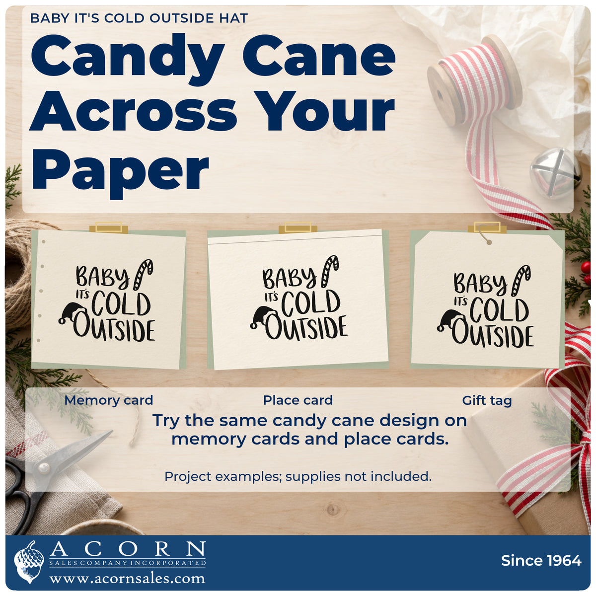 Three project examples made with the Baby It's Cold Outside Hat Wood Handle Stamp, including cocoa cup gift tags.