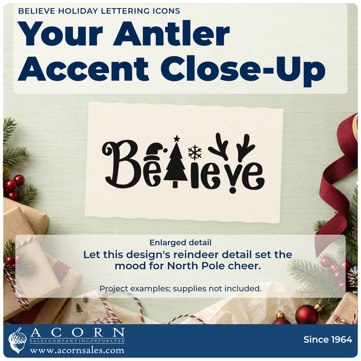 Enlarged detail of the Believe Holiday Lettering Icons Antlers Craft Stamp – Self-Inking imprint. The word "Believe" incorporates a Santa hat, tree, snowflakes, and antlers.