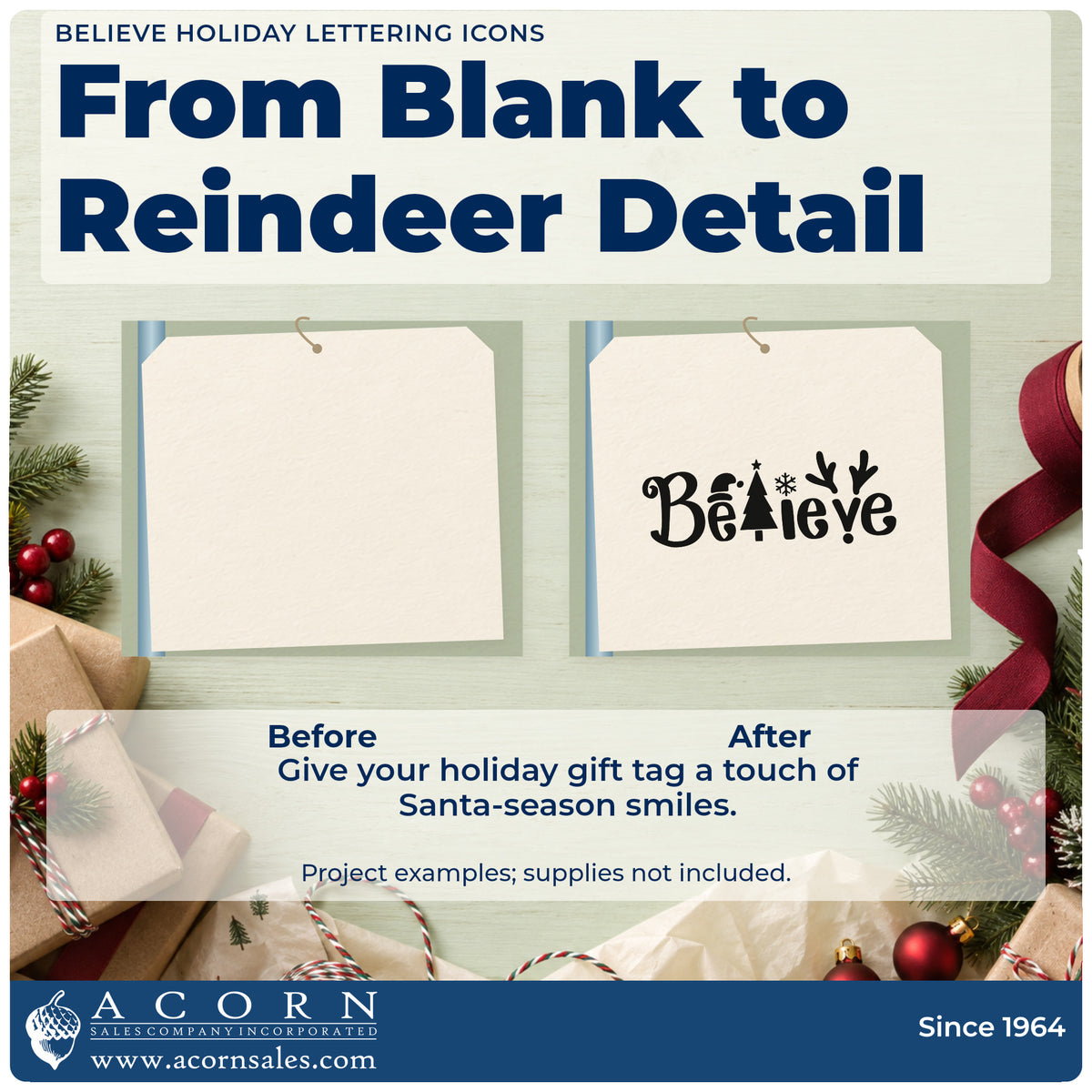 Before and after of a plain item finished with the Believe Holiday Lettering Icons Antlers Craft Stamp – Self-Inking, a quick upgrade for framed close study.