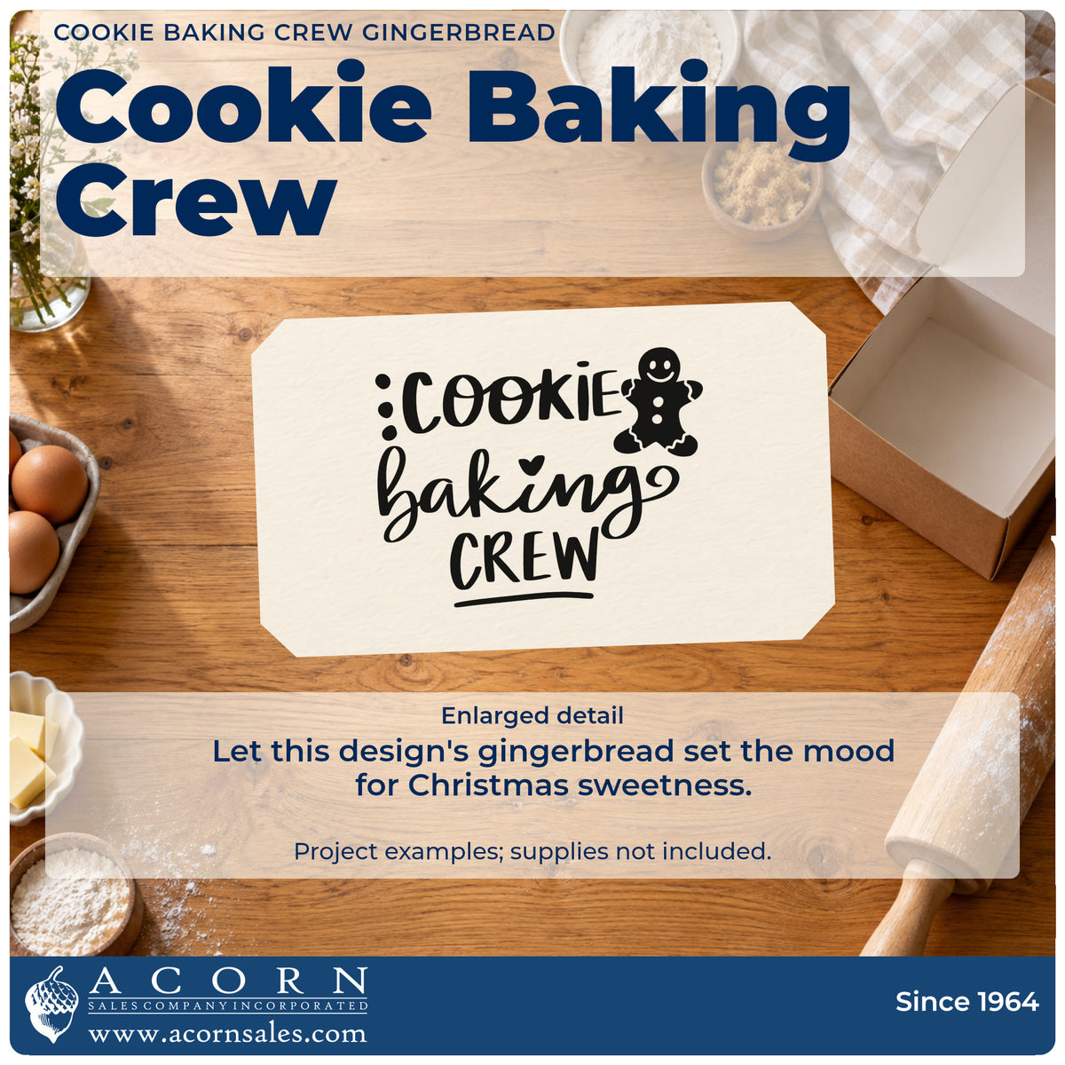 Enlarged detail of the Cookie Baking Crew Gingerbread Lettering Slim Pre-Inked Stamp imprint. The words "Cookie baking crew" appear with a gingerbread figure, dots, and an underline.