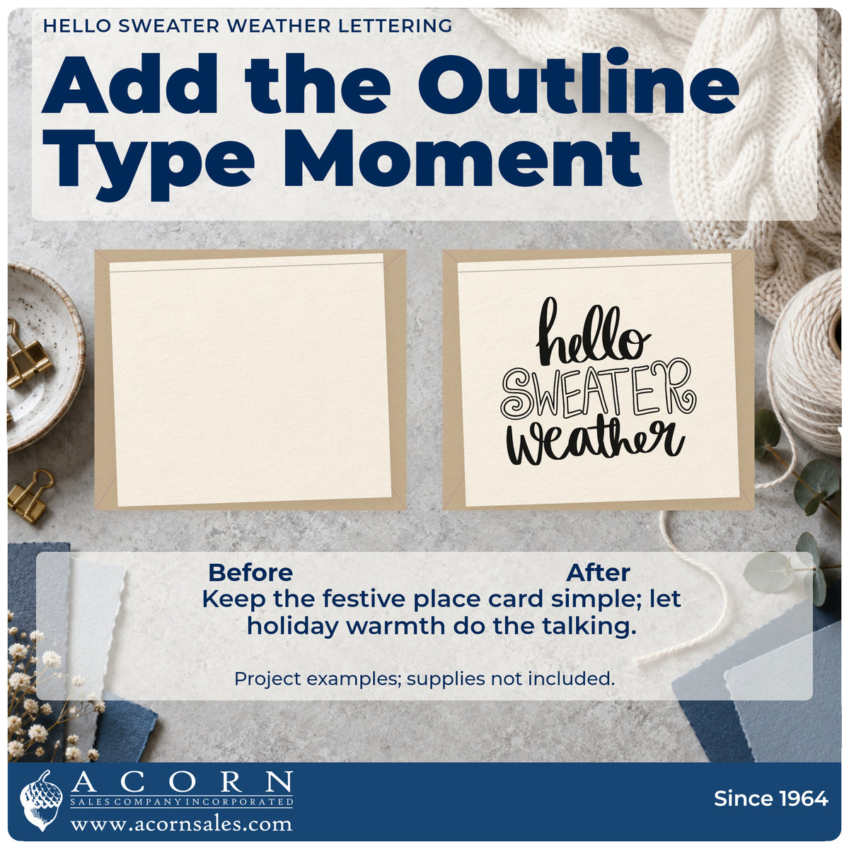 Before and after of a plain item finished with the Hello Sweater Weather Lettering Premium Wooden Stamp – Vintage Pro, a quick upgrade for framed line print.