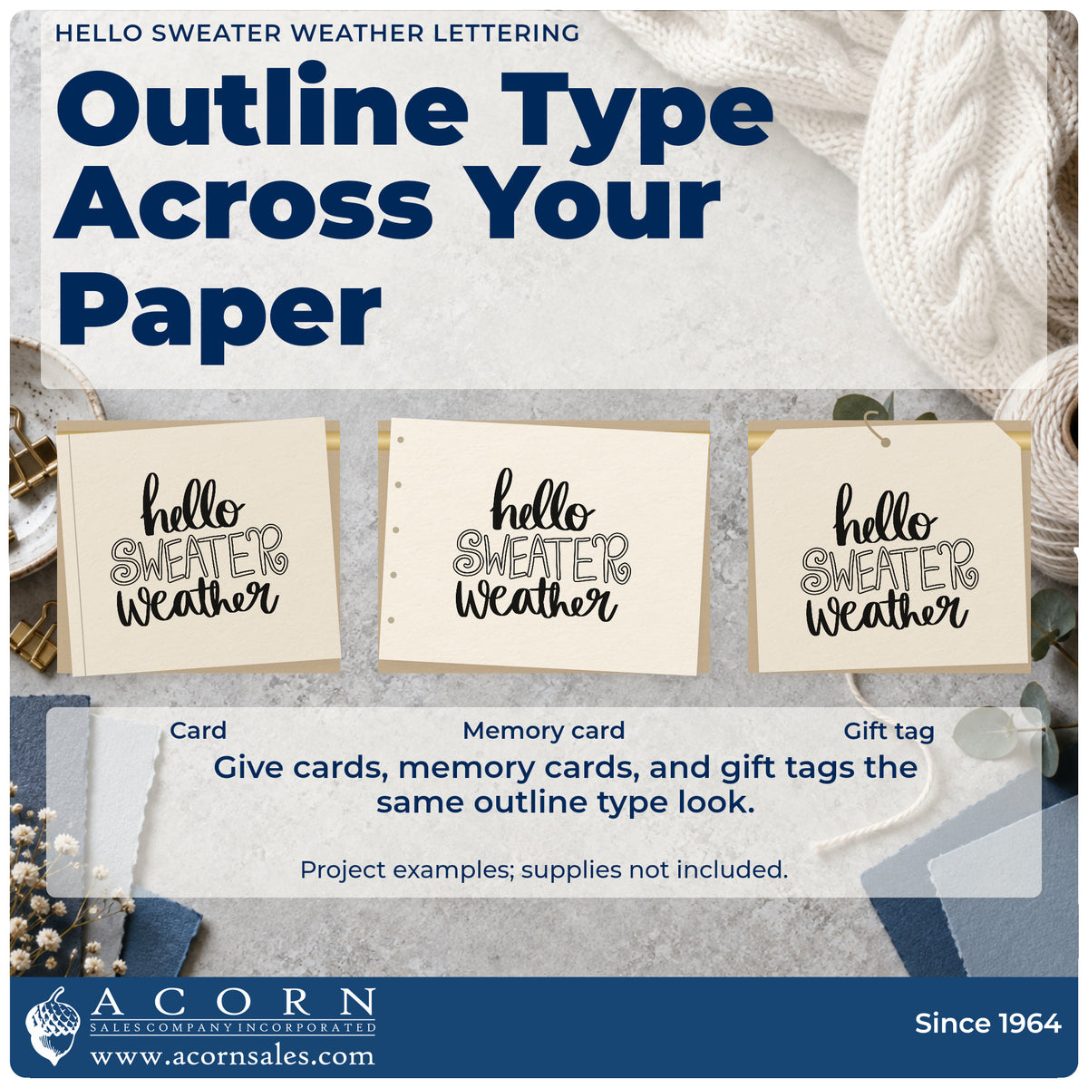 Three project examples made with the Hello Sweater Weather Lettering Rubber Stamp – Duo Hand, including color in note sheet.