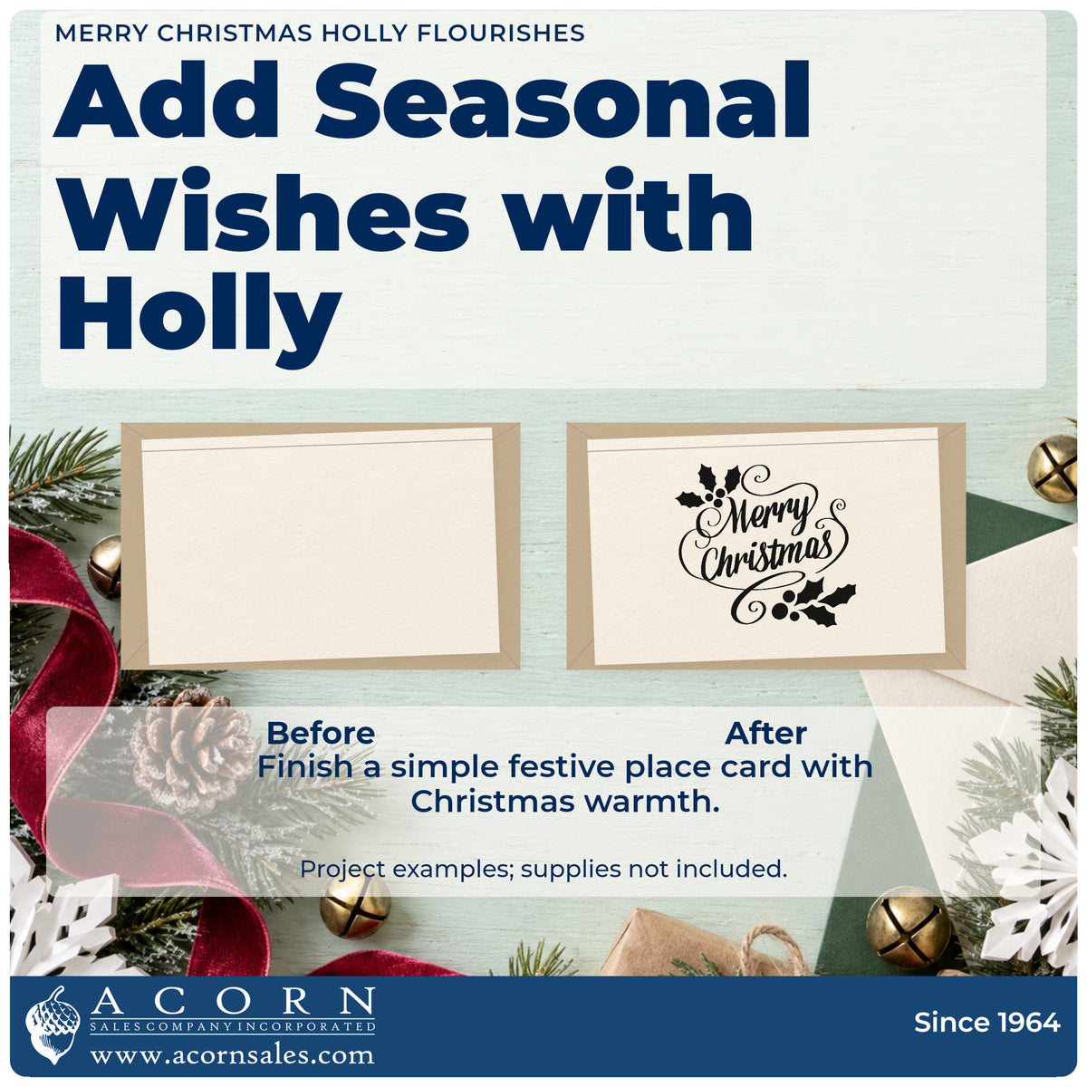 Before and after of a plain item finished with the Merry Christmas Holly Flourishes Frame Accent Self-Inking Stamp, a quick upgrade for framed mantel piece.
