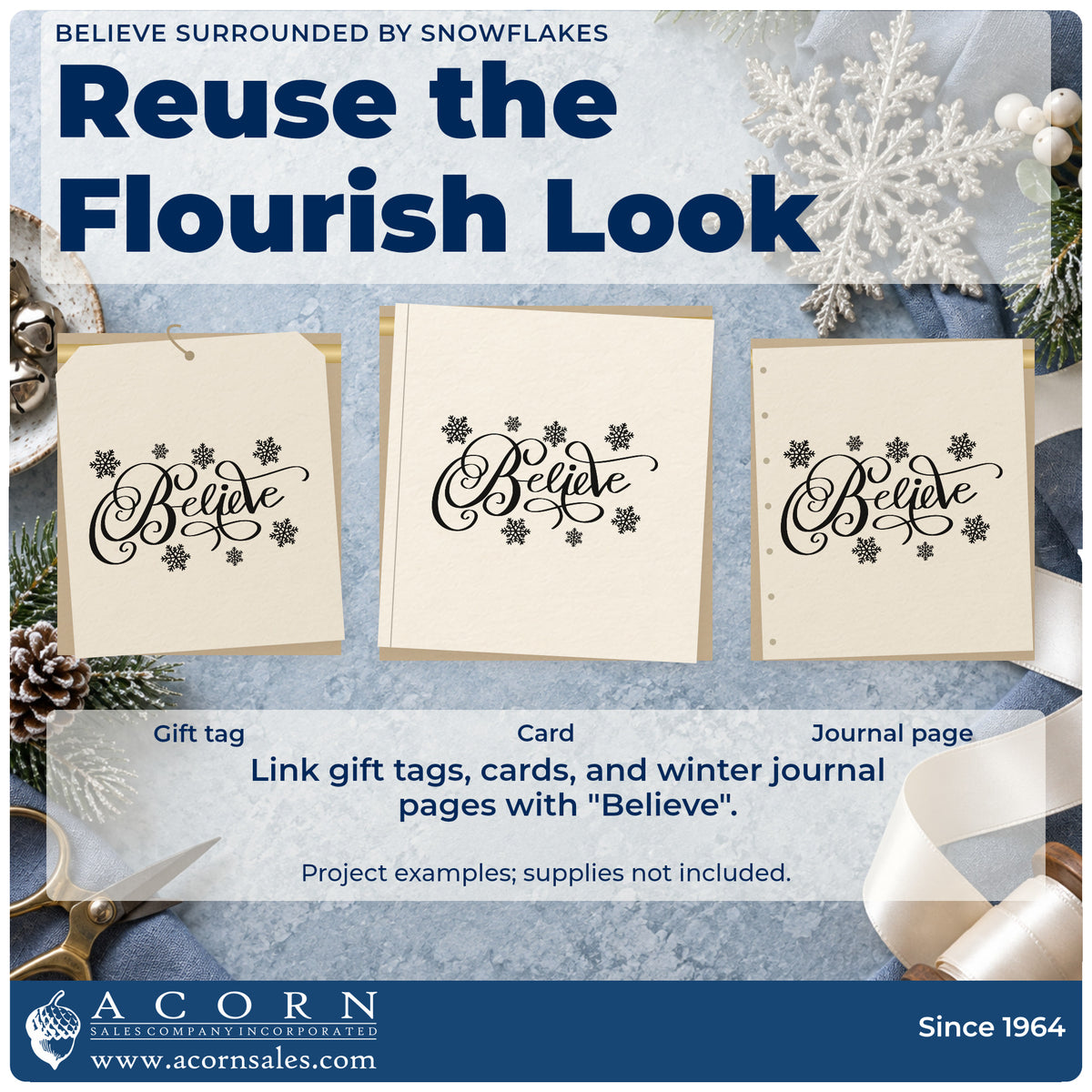 Three project examples made with the Believe Surrounded By Snowflakes Script Lettering Pre-Inked Stamp – Slim, including pattern guide sheet.