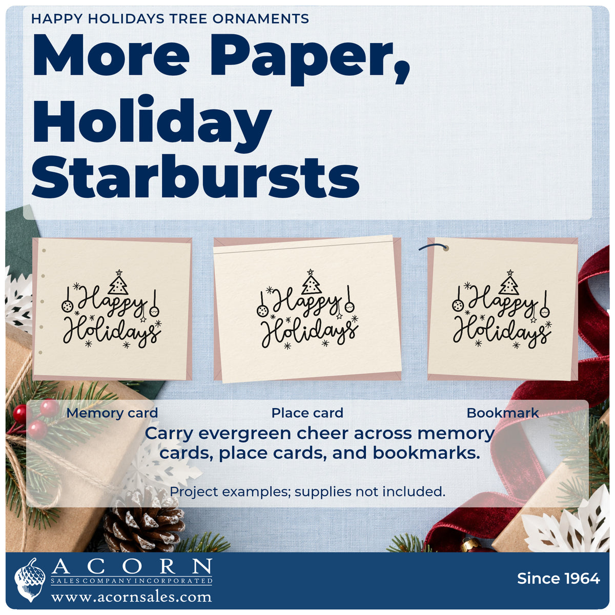 Three project examples made with the Duo Hand Happy Holidays Tree Ornaments Rubber Stamp, including setup order sheet.