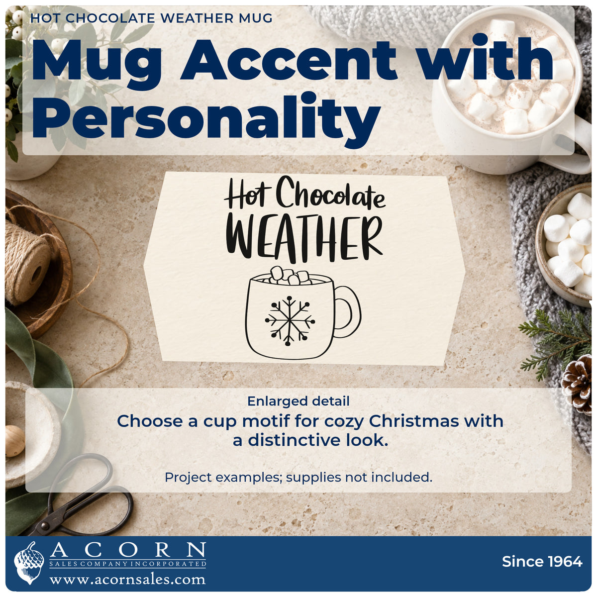 Enlarged detail of the Hot Chocolate Weather Mug Snowflakes Stamp – Premium Vintage Pro Wooden imprint. The words "Hot chocolate weather" appear above a snowflake mug filled with marshmallows.