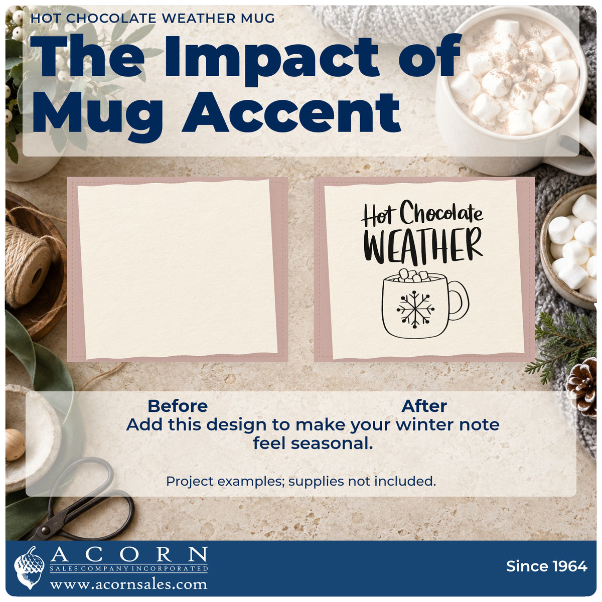 Before and after of a plain item finished with the Hot Chocolate Weather Mug Snowflakes PSI Pre-Inked Stamp, a quick upgrade for framed cocoa nook.