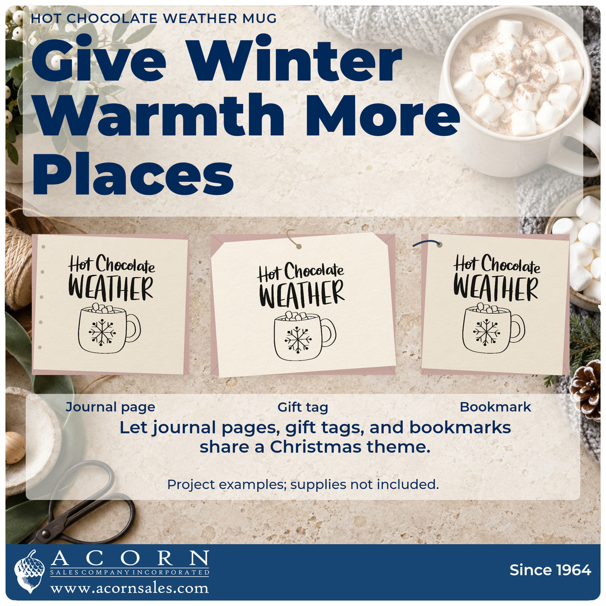 Three project examples made with the Hot Chocolate Weather Mug Snowflakes Stamp – Self-Inking, including recipe ratio sheet.