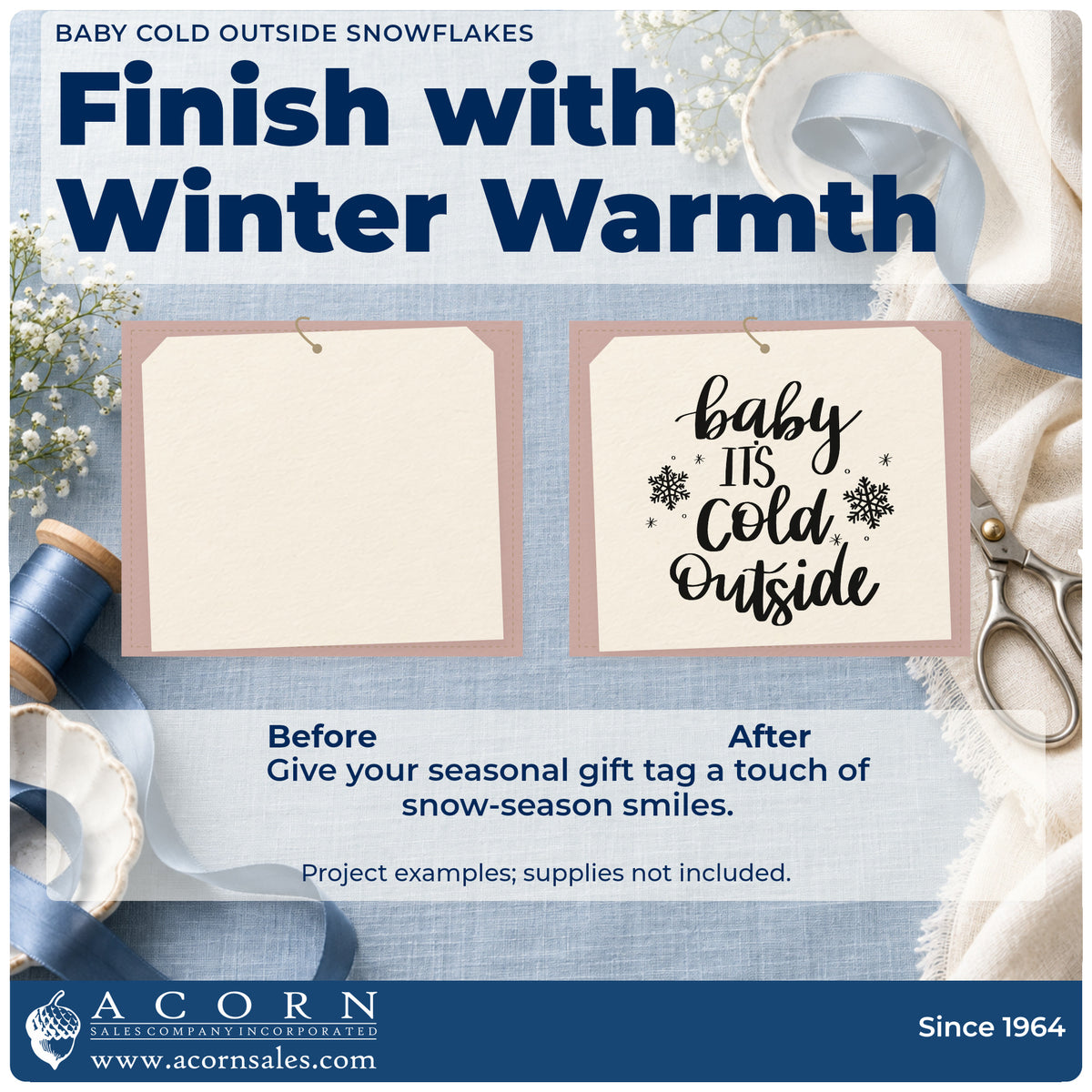 Before and after of a plain item finished with the Baby Cold Outside Snowflakes Script Lettering Hand Stamp – Duo, a quick upgrade for framed writing nook.
