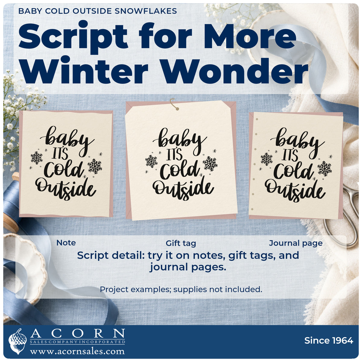 Three project examples made with the Baby Cold Outside Snowflakes Script Lettering Hand Stamp – Duo, including contact list sheet.