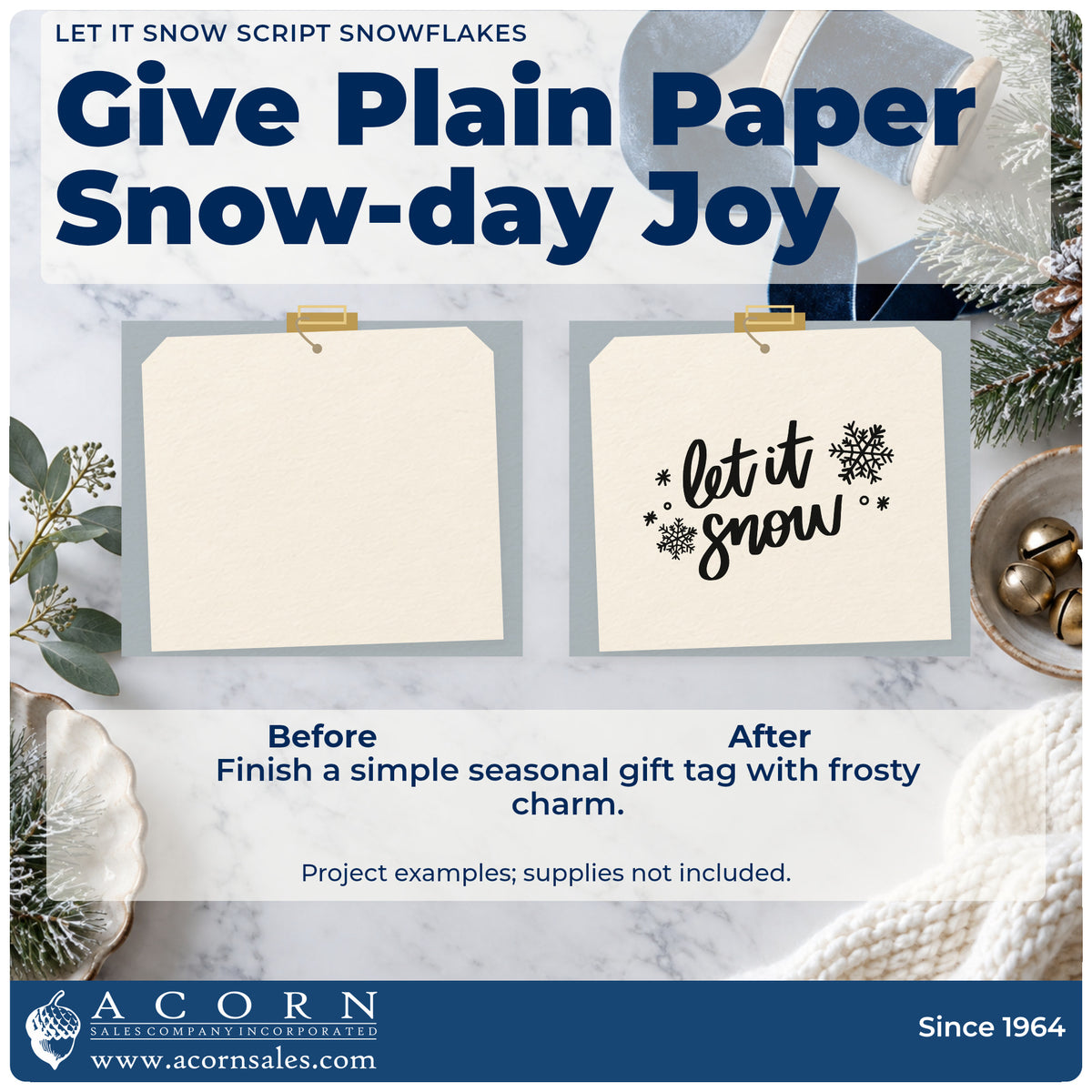 Before and after of a plain item finished with the Let It Snow Script Snowflakes Flowing Script Duo Hand Stamp, a quick upgrade for framed kitchen ledge.